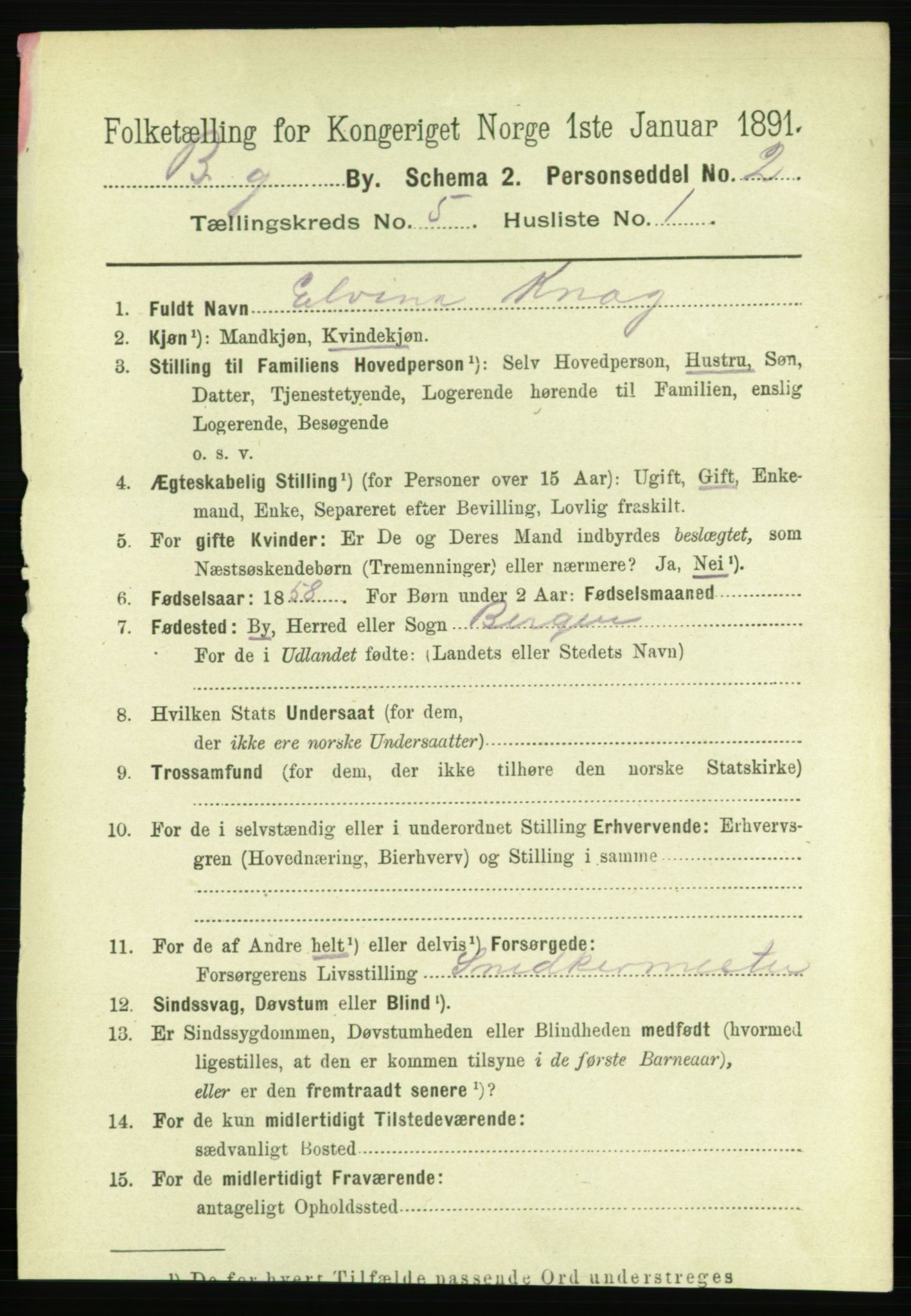 RA, 1891 Census for 1301 Bergen, 1891, p. 13695