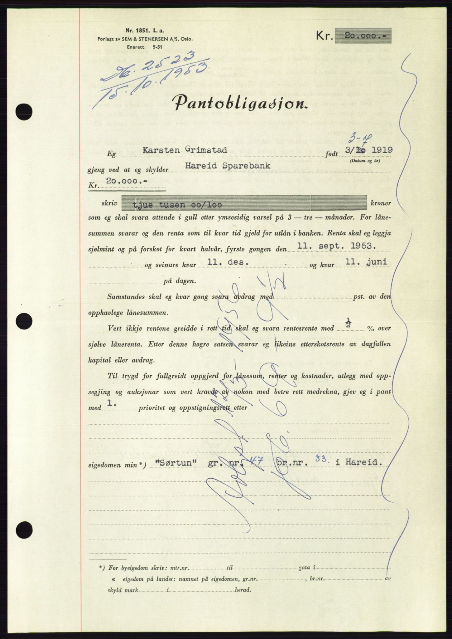 Søre Sunnmøre sorenskriveri, AV/SAT-A-4122/1/2/2C/L0124: Mortgage book no. 12B, 1953-1954, Diary no: : 2523/1953