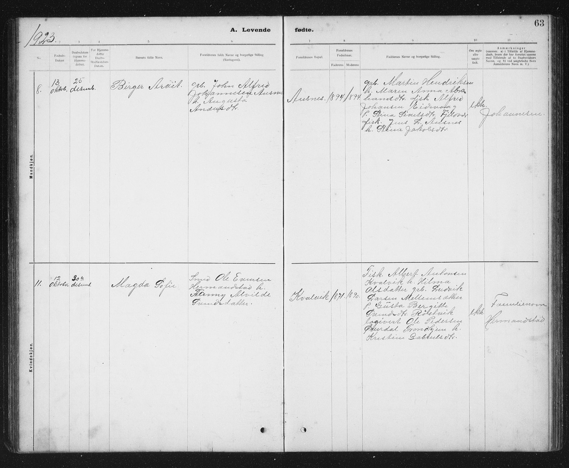 Ministerialprotokoller, klokkerbøker og fødselsregistre - Sør-Trøndelag, SAT/A-1456/637/L0563: Parish register (copy) no. 637C04, 1899-1940, p. 63