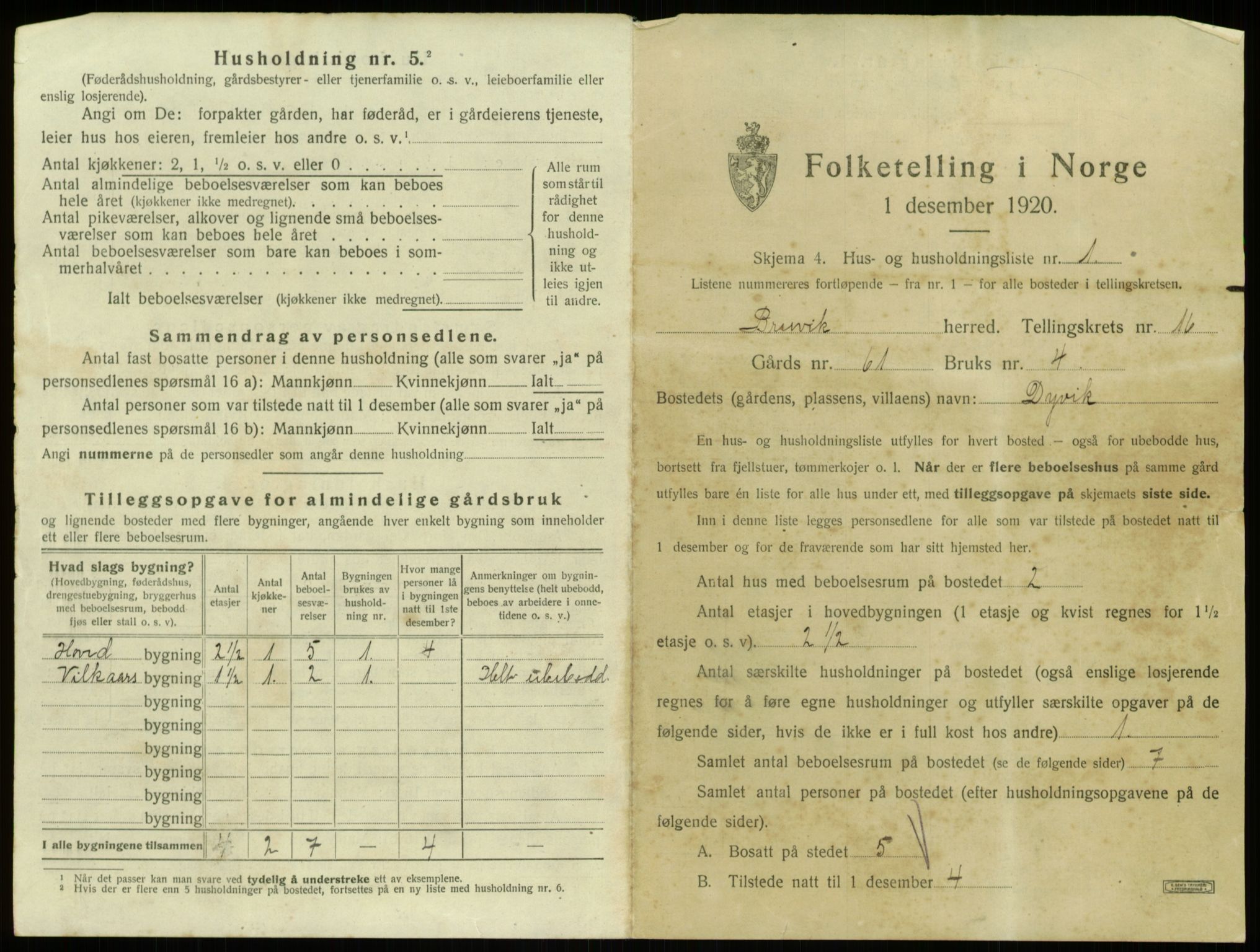 SAB, 1920 census for Bruvik, 1920, p. 1072