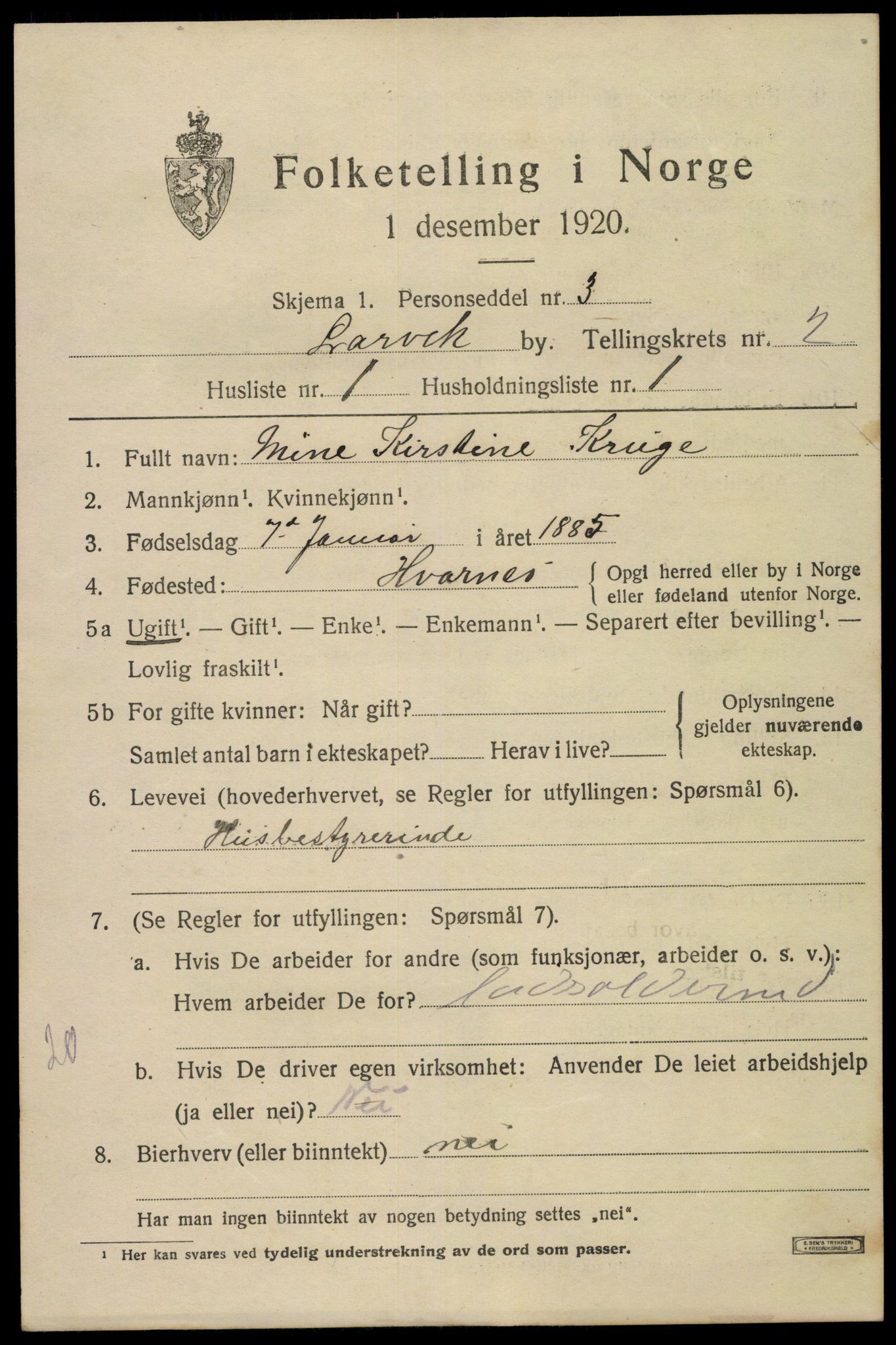 SAKO, 1920 census for Larvik, 1920, p. 10328