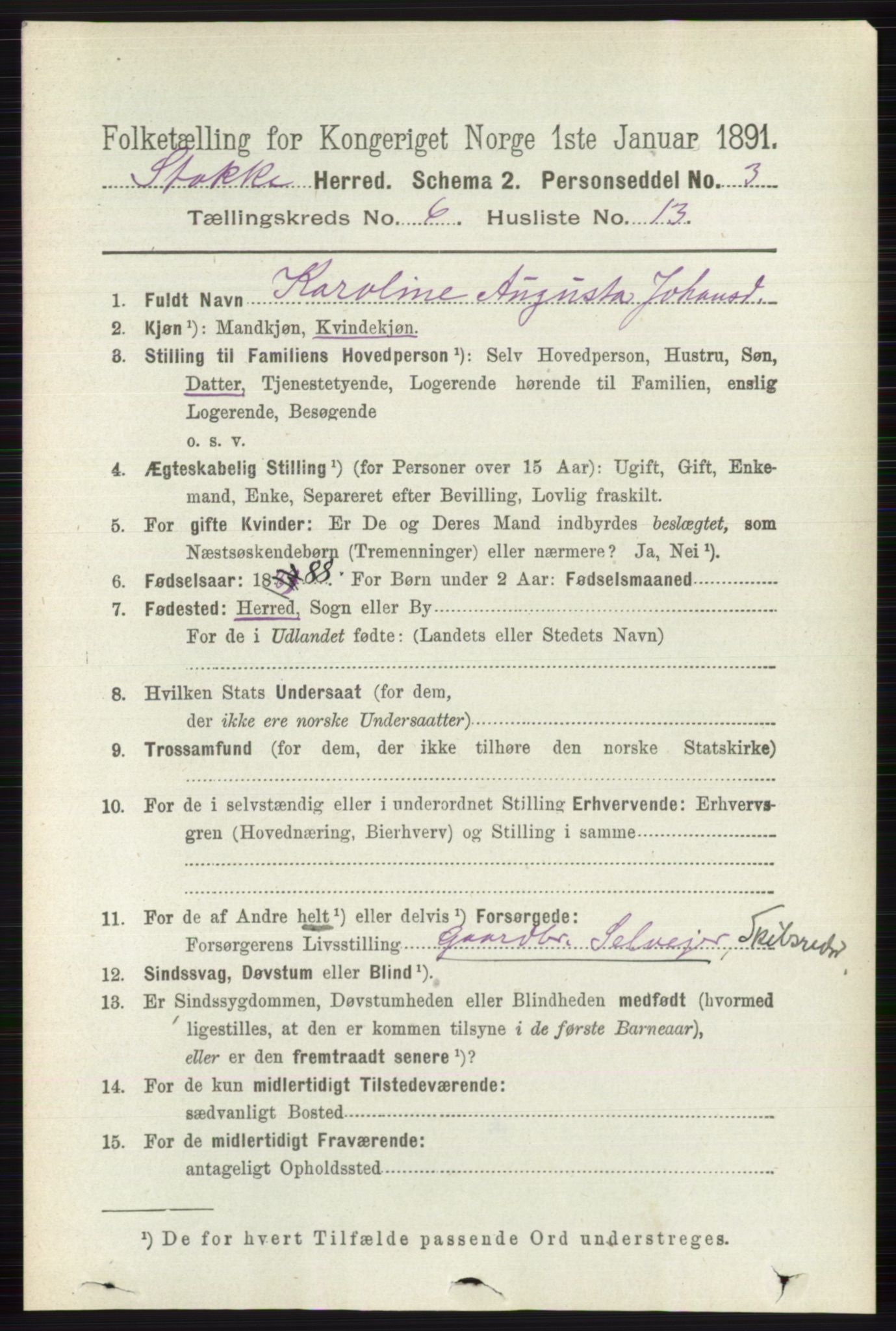 RA, 1891 census for 0720 Stokke, 1891, p. 3871