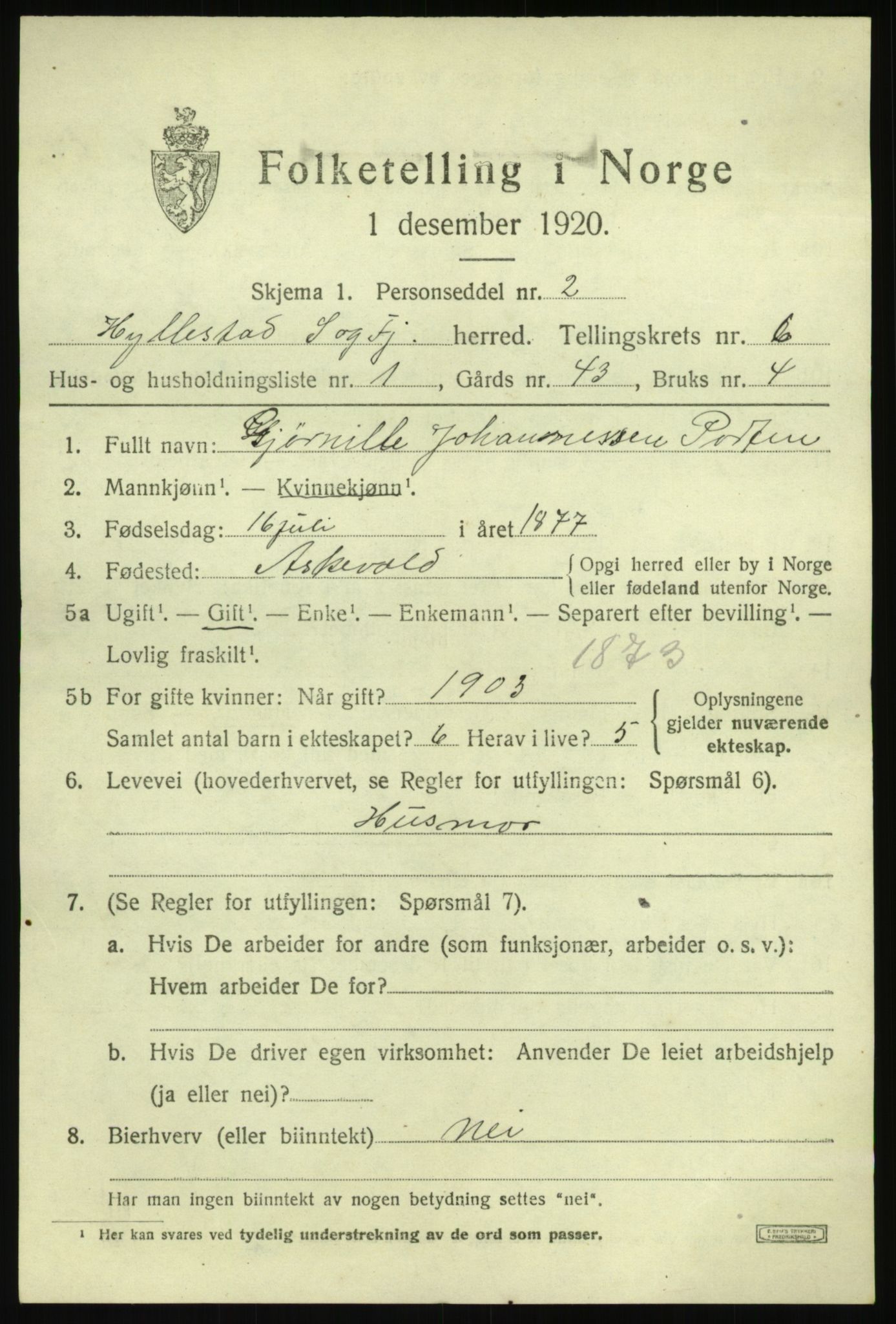 SAB, 1920 census for Hyllestad, 1920, p. 2672