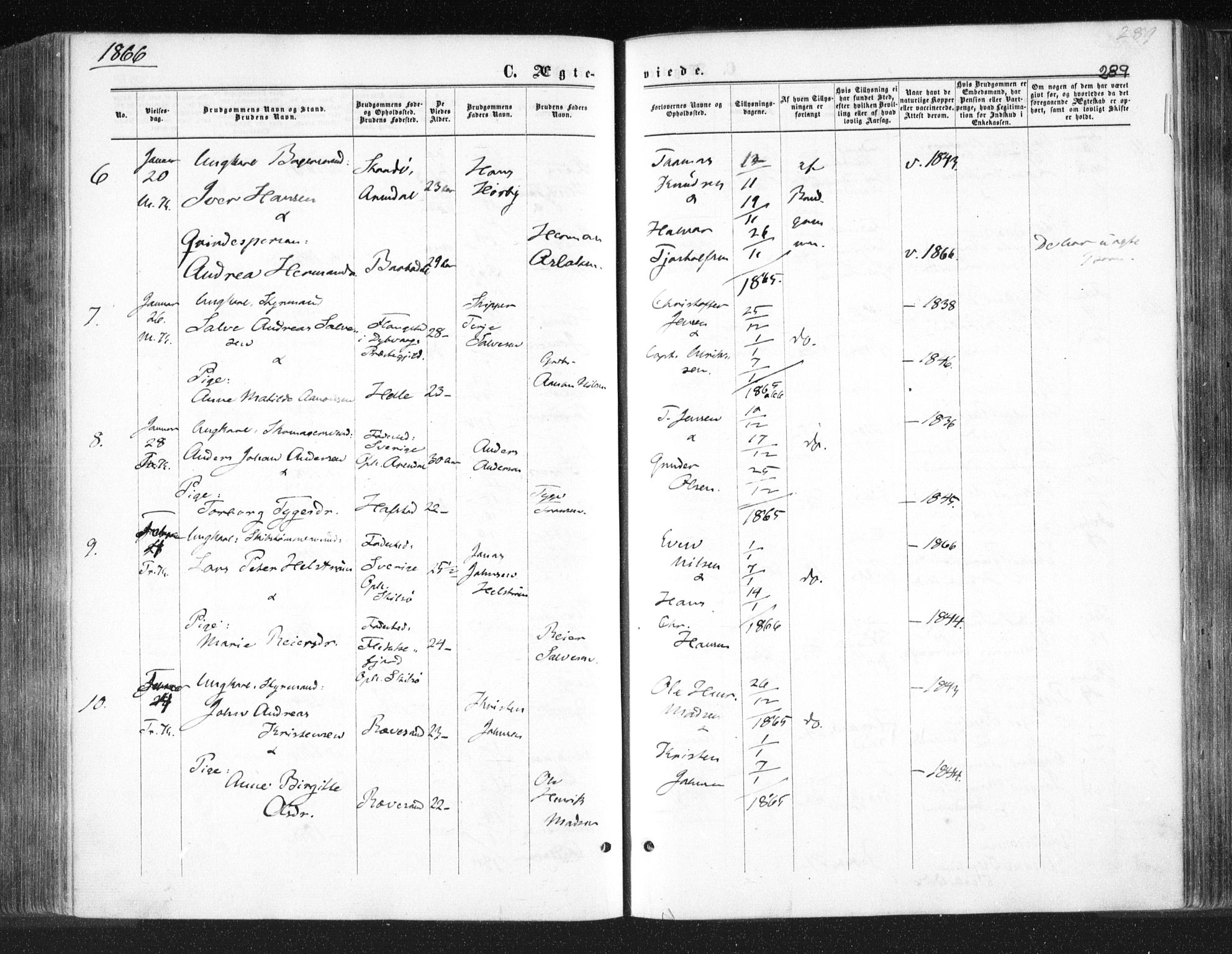 Tromøy sokneprestkontor, AV/SAK-1111-0041/F/Fa/L0007: Parish register (official) no. A 7, 1864-1869, p. 289