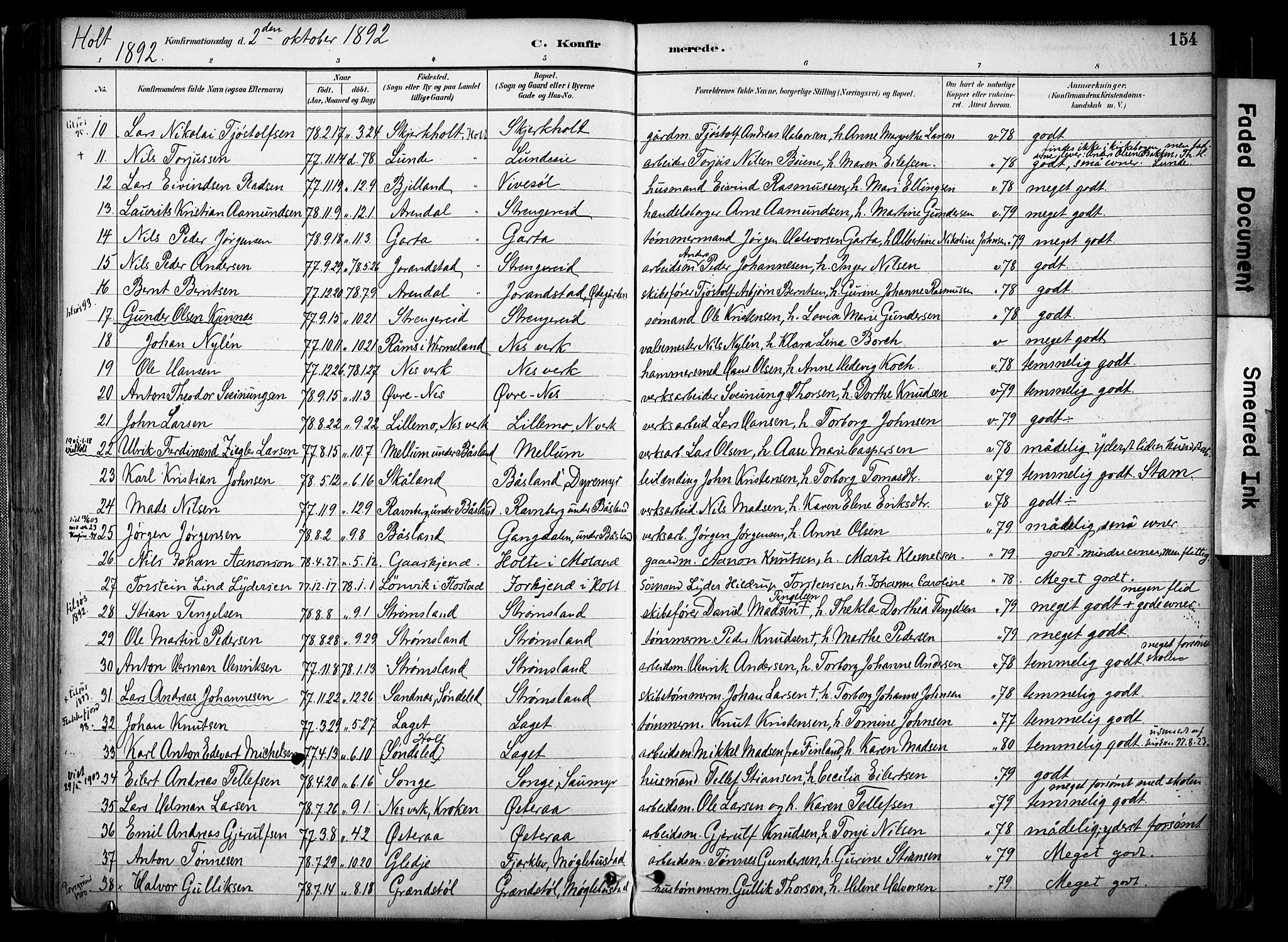 Holt sokneprestkontor, SAK/1111-0021/F/Fa/L0012: Parish register (official) no. A 12, 1885-1907, p. 154