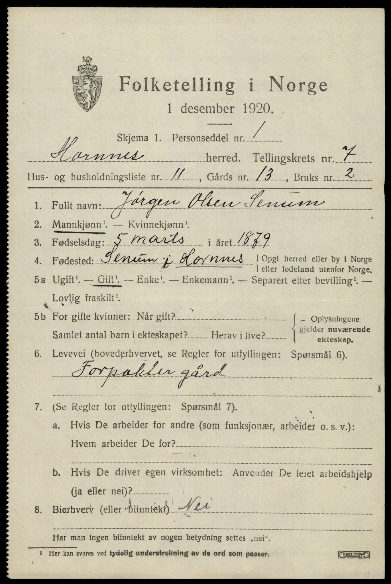 SAK, 1920 census for Hornnes, 1920, p. 1765