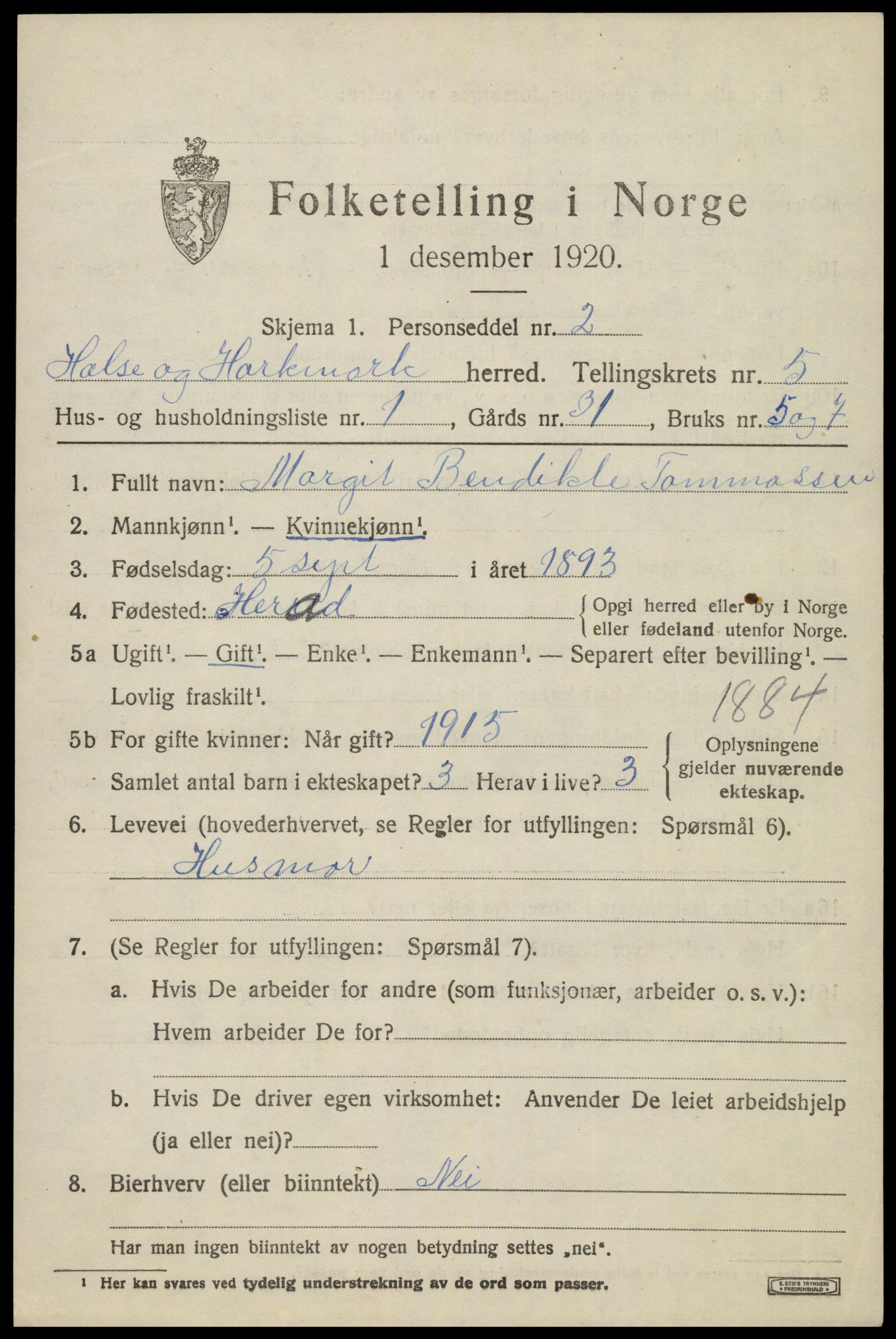 SAK, 1920 census for Halse og Harkmark, 1920, p. 3042