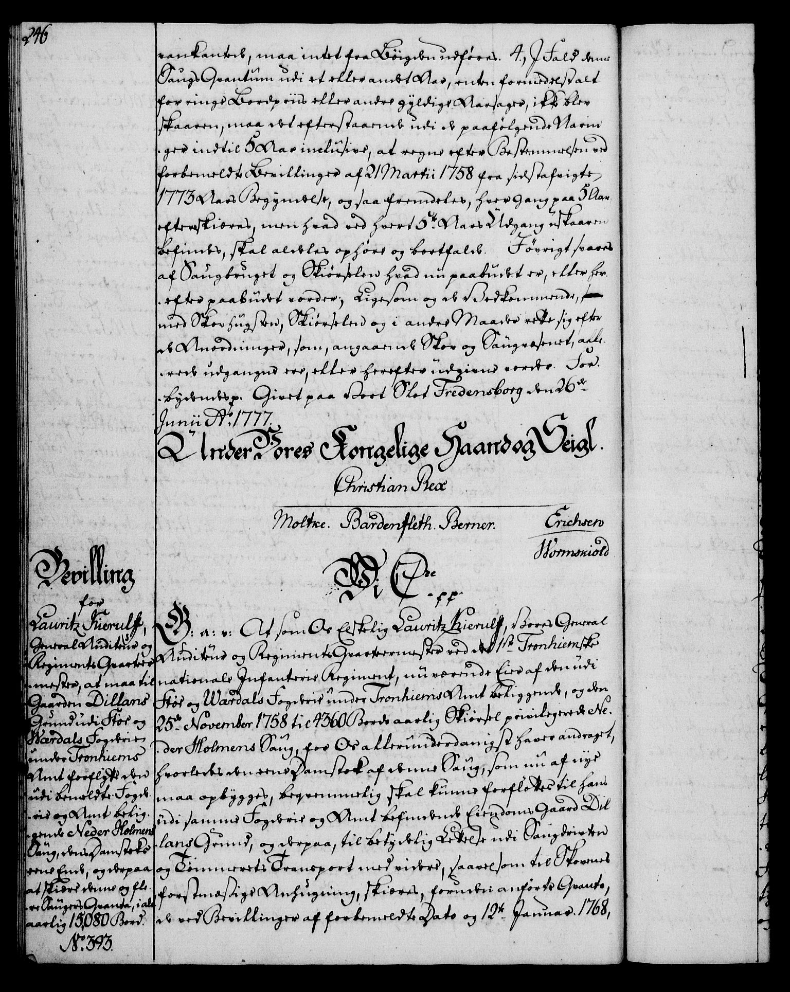 Rentekammeret, Kammerkanselliet, RA/EA-3111/G/Gg/Gga/L0010: Norsk ekspedisjonsprotokoll med register (merket RK 53.10), 1773-1778, p. 246