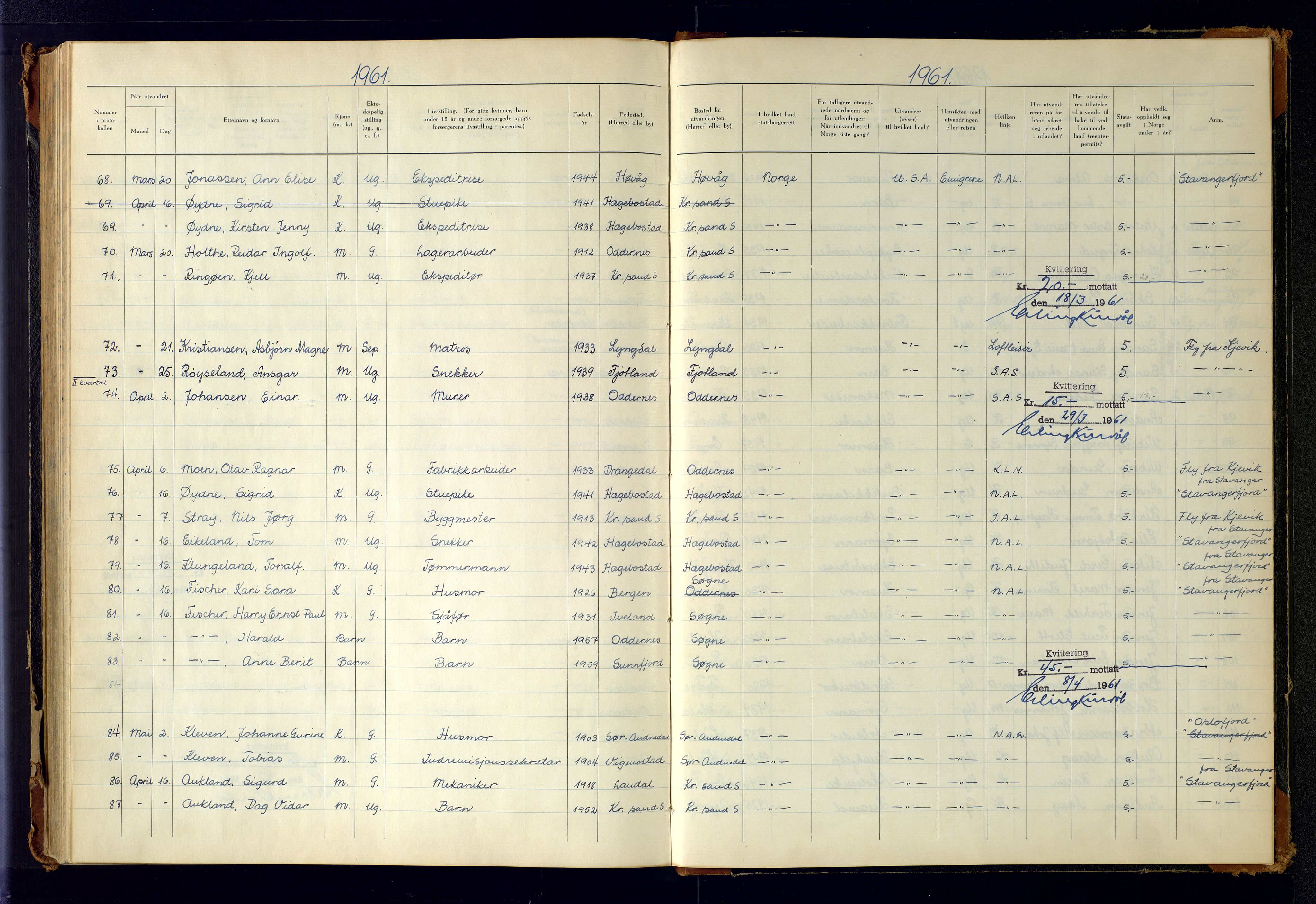 Kristiansand politikammer, AV/SAK-1243-0004/K/Kb/L0249: Emigrantprotokoll, 1951-1961, p. 186