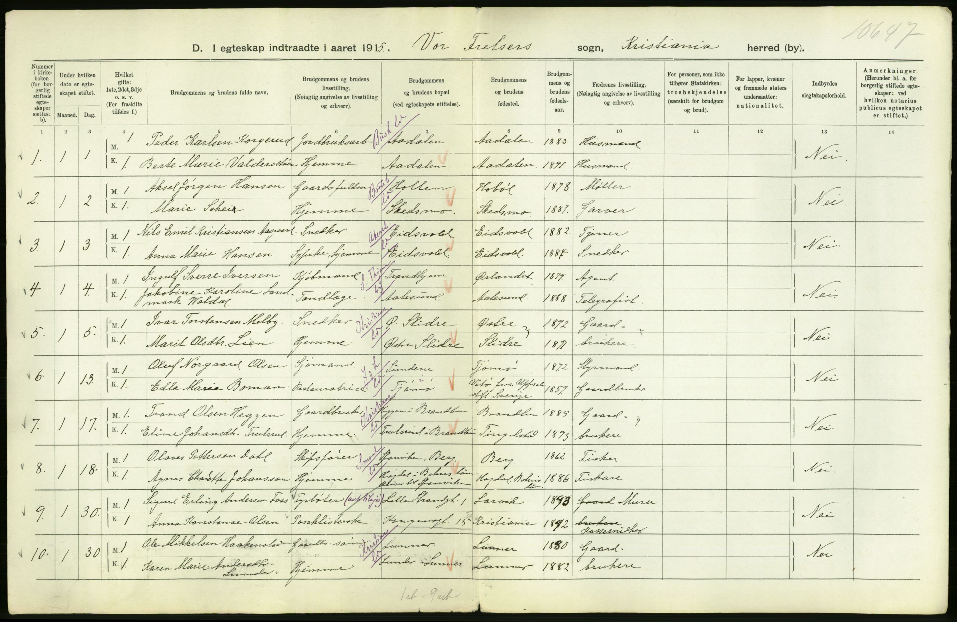 Statistisk sentralbyrå, Sosiodemografiske emner, Befolkning, RA/S-2228/D/Df/Dfb/Dfbe/L0008: Kristiania: Gifte., 1915, p. 76