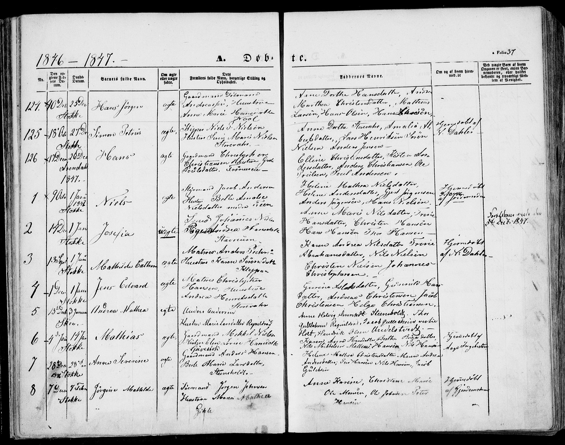 Stokke kirkebøker, AV/SAKO-A-320/F/Fa/L0007: Parish register (official) no. I 7, 1844-1857, p. 37