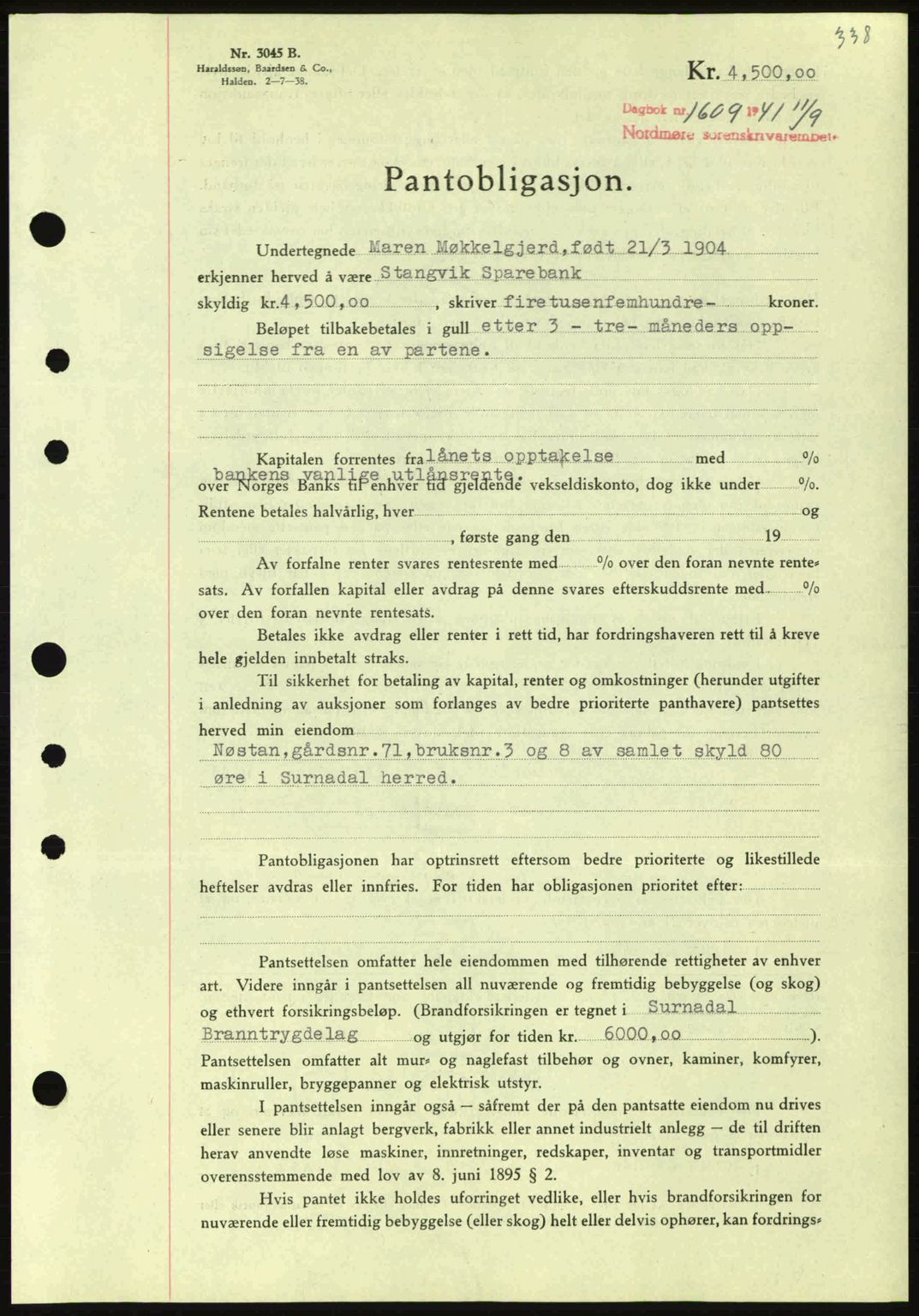 Nordmøre sorenskriveri, AV/SAT-A-4132/1/2/2Ca: Mortgage book no. B88, 1941-1942, Diary no: : 1609/1941