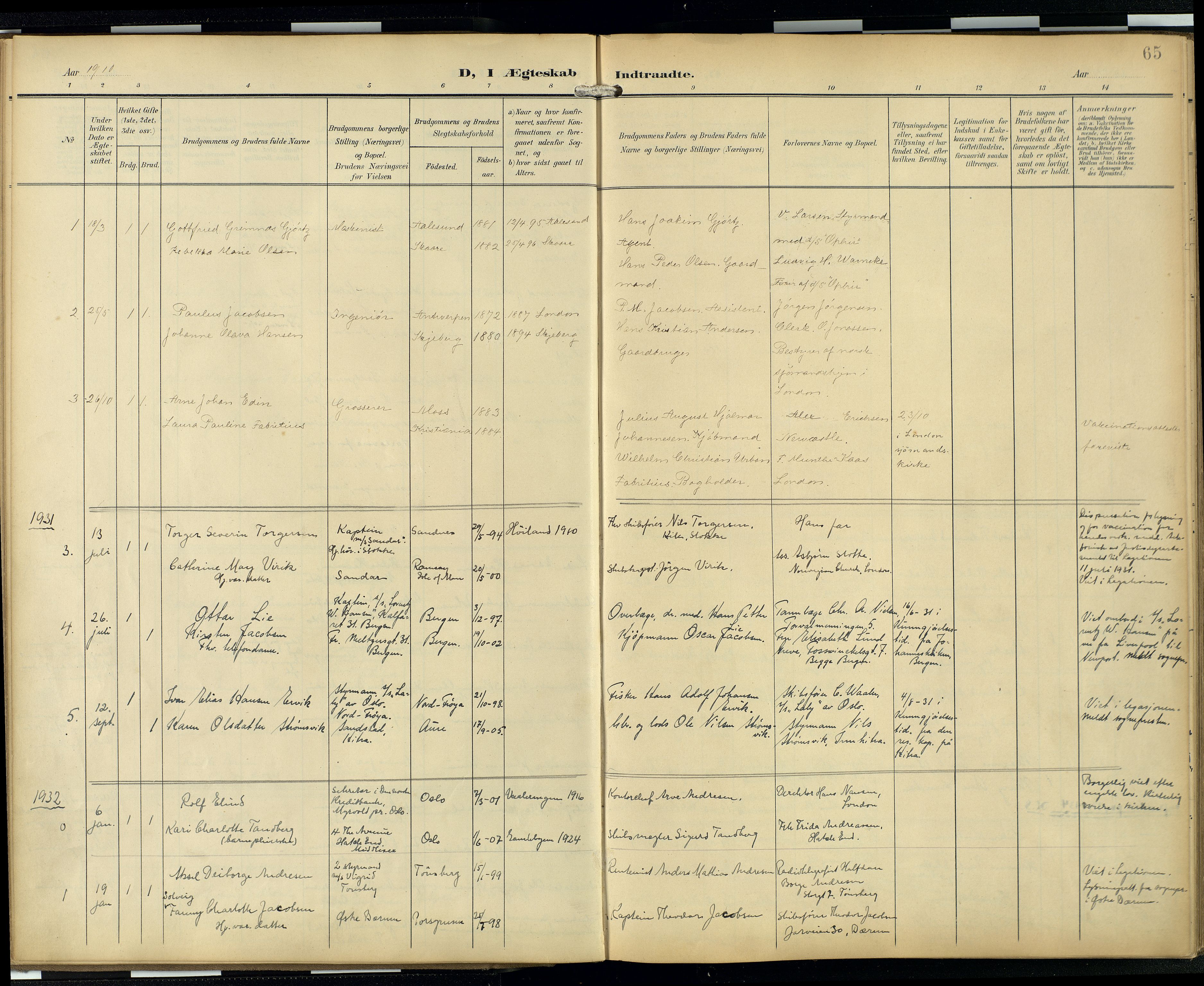  Den norske sjømannsmisjon i utlandet/London m/bistasjoner, SAB/SAB/PA-0103/H/Ha/L0003: Parish register (official) no. A 3, 1903-1934, p. 64b-65a