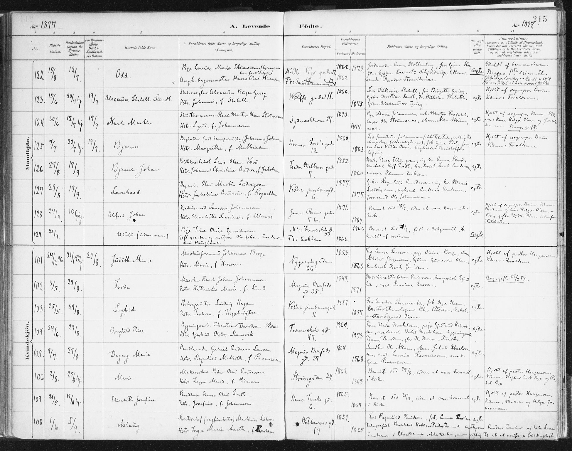 Johanneskirken sokneprestembete, SAB/A-76001/H/Haa/L0001: Parish register (official) no. A 1, 1885-1900, p. 215