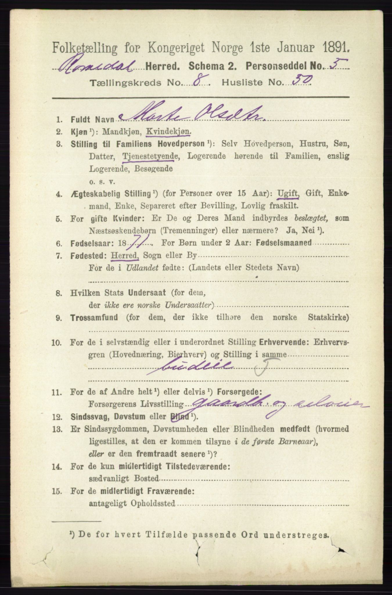 RA, 1891 census for 0416 Romedal, 1891, p. 4231