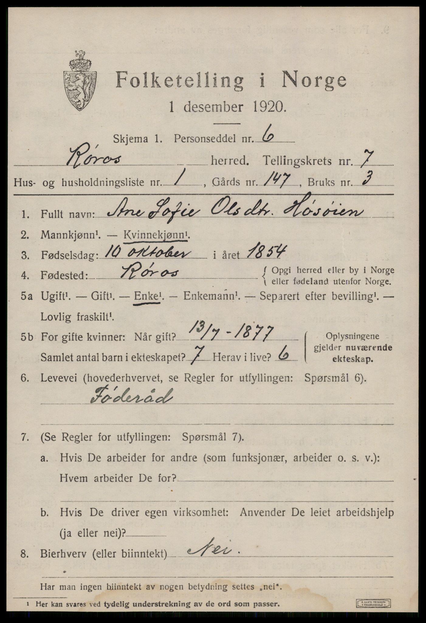 SAT, 1920 census for Røros, 1920, p. 6918