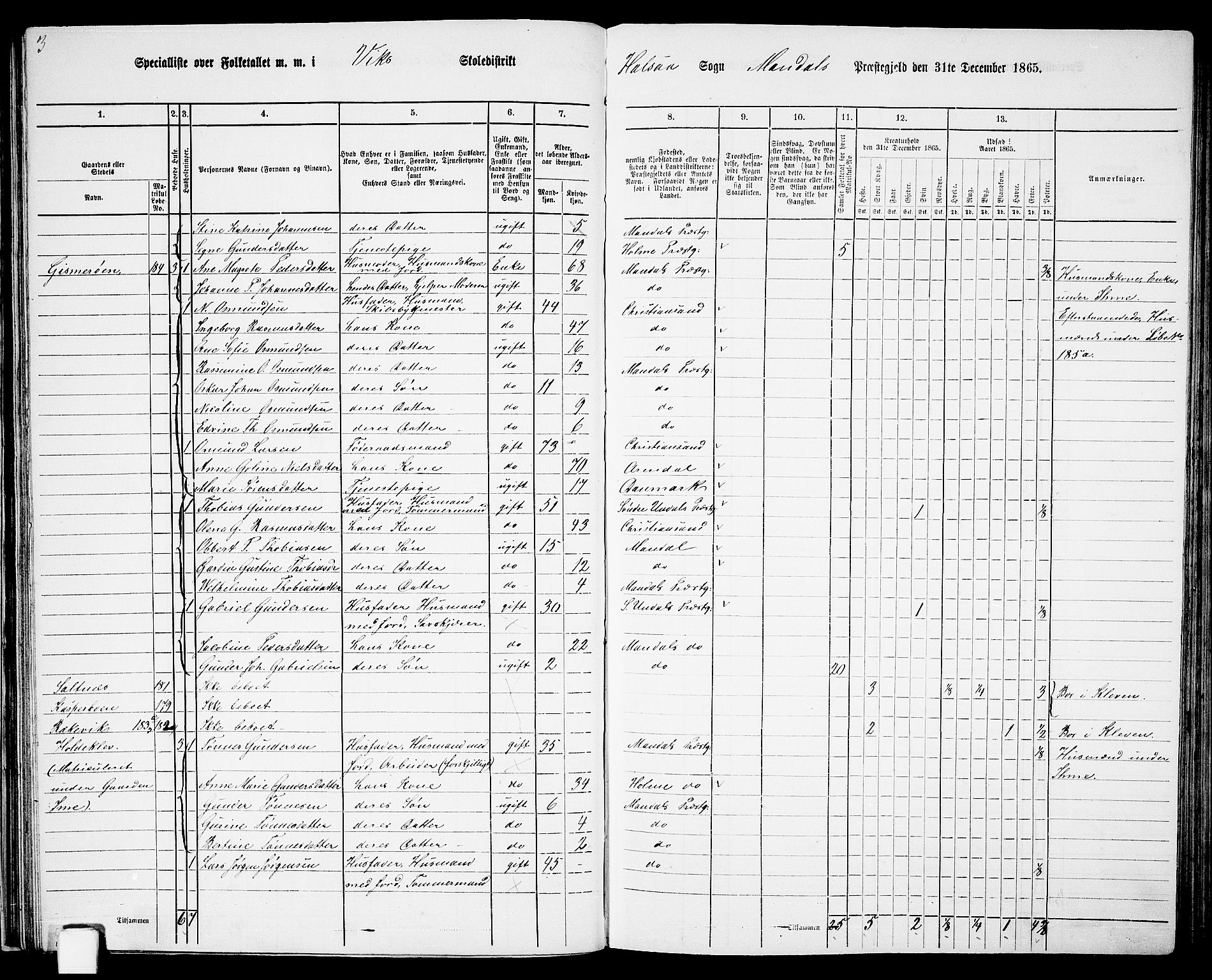 RA, 1865 census for Mandal/Halse og Harkmark, 1865, p. 47