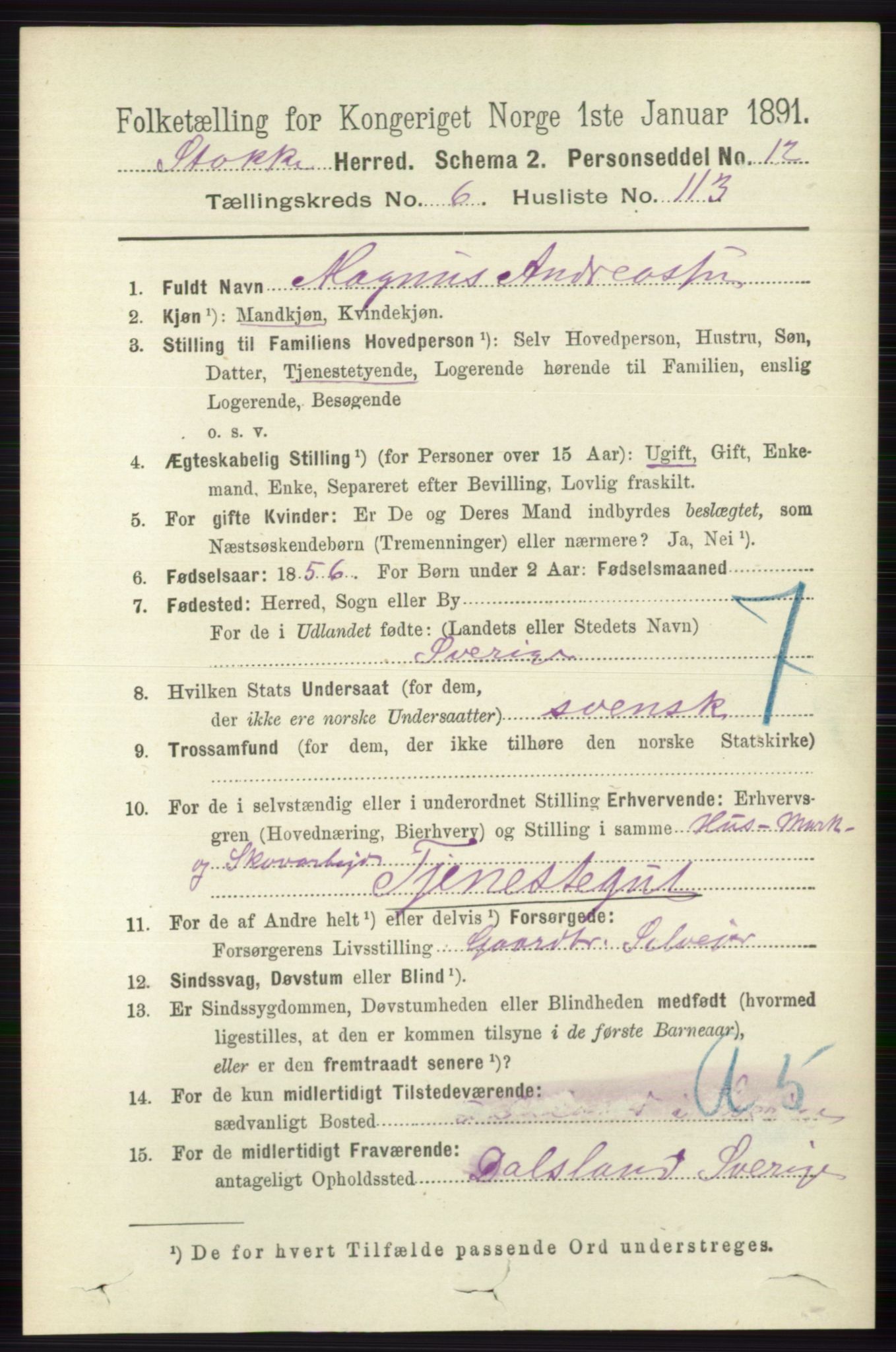 RA, 1891 census for 0720 Stokke, 1891, p. 4498