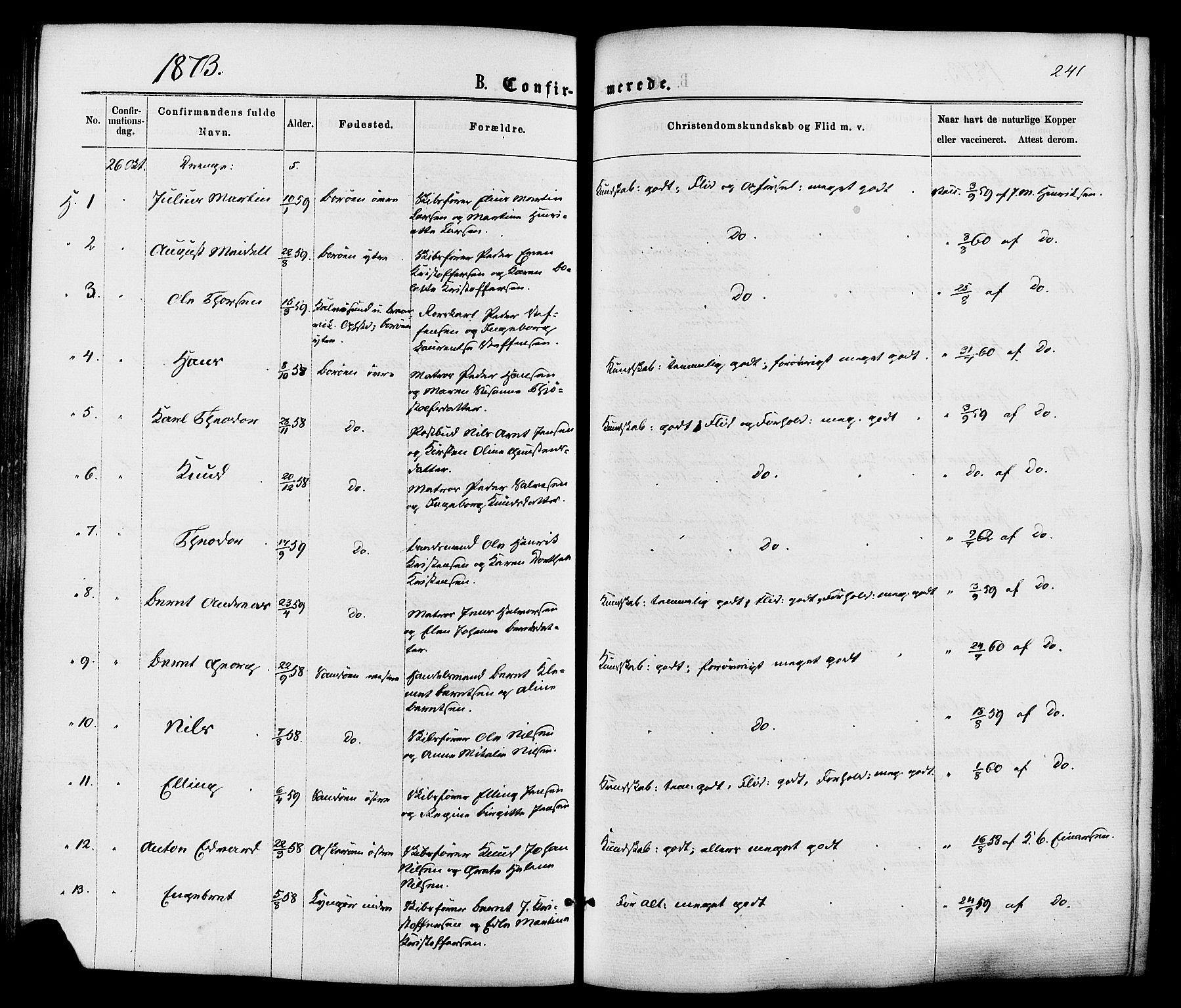 Dypvåg sokneprestkontor, AV/SAK-1111-0007/F/Fa/Faa/L0007: Parish register (official) no. A 7/ 1, 1872-1884, p. 241