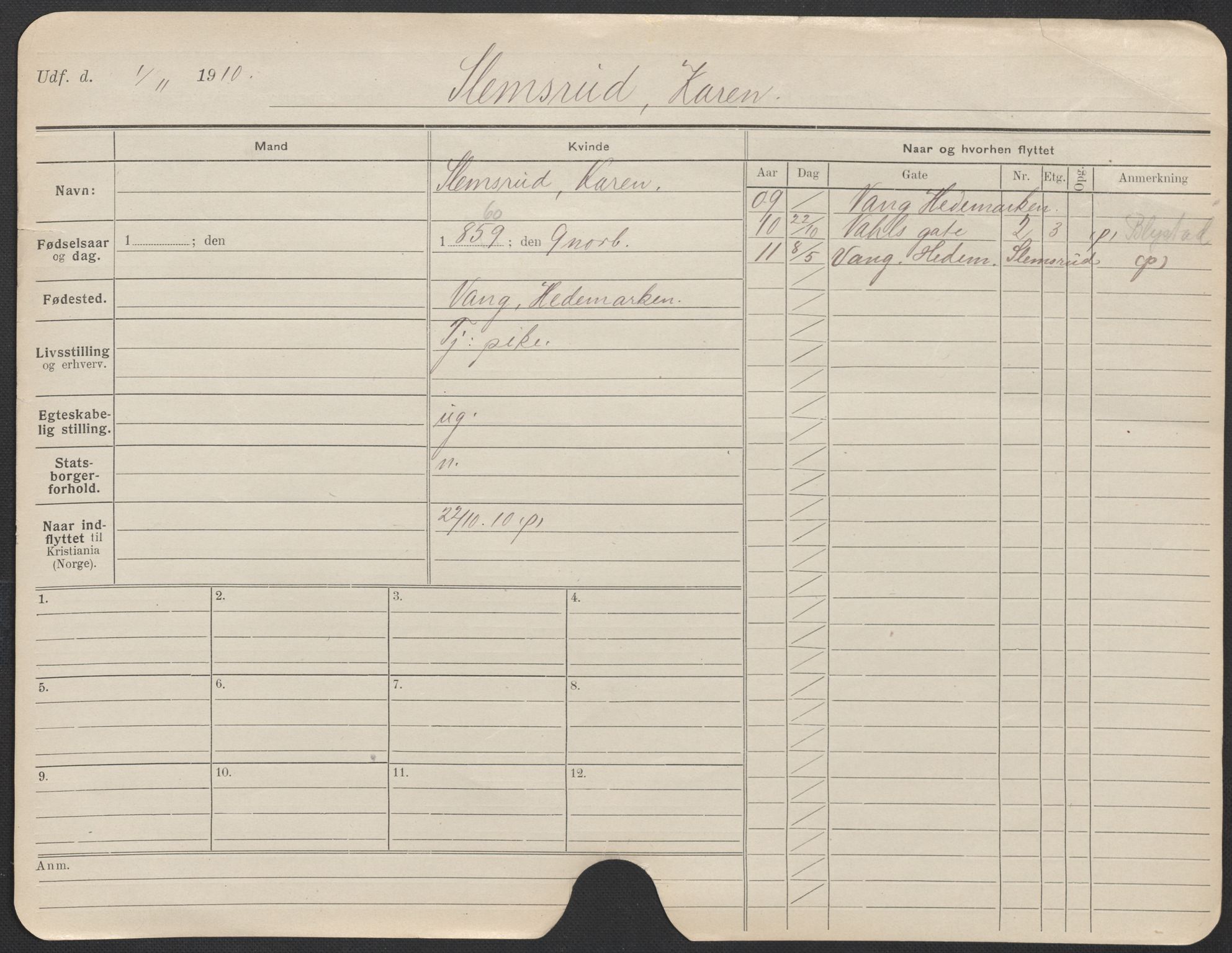 Oslo folkeregister, Registerkort, AV/SAO-A-11715/F/Fa/Fac/L0024: Kvinner, 1906-1914, p. 7a