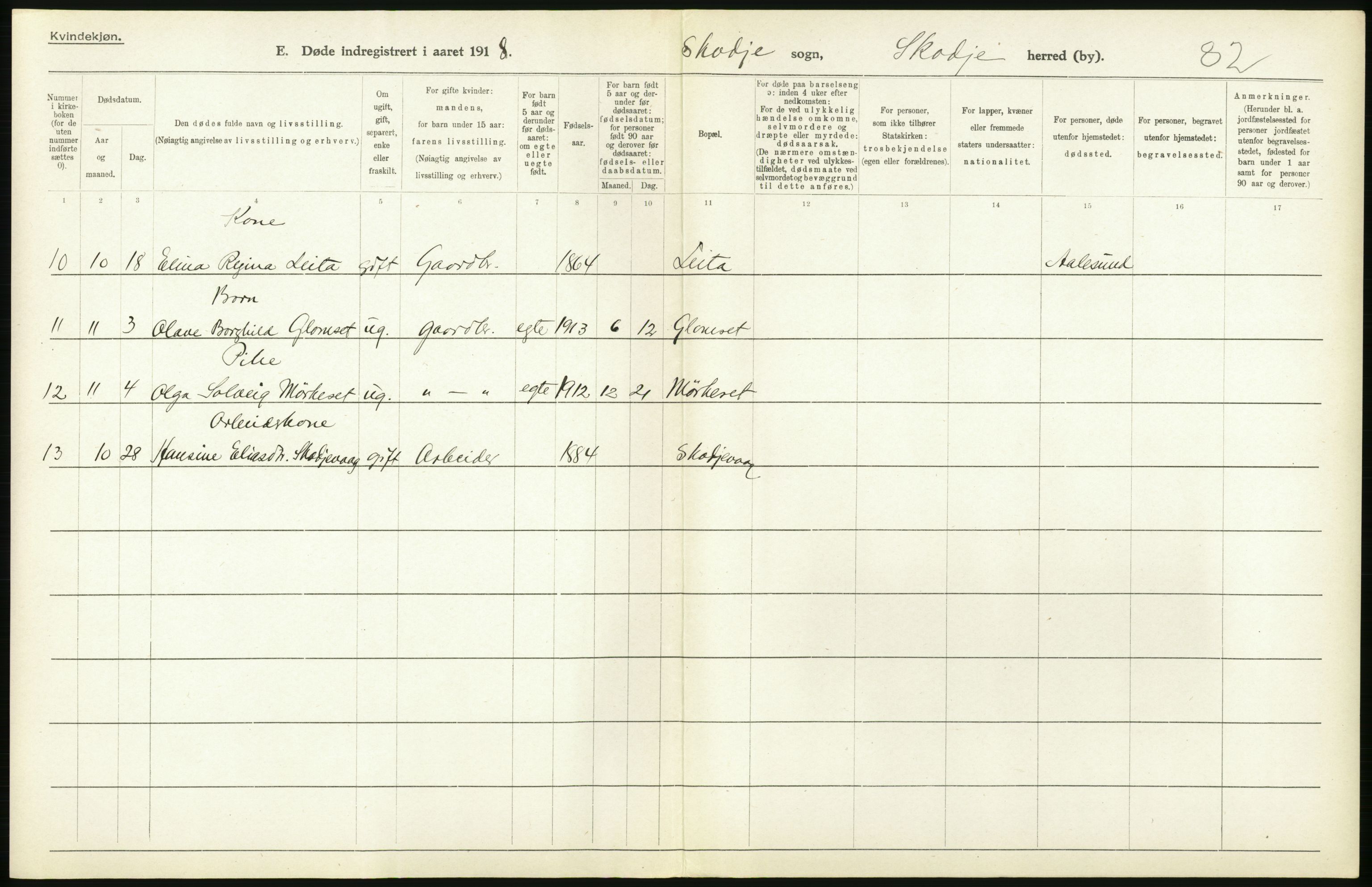 Statistisk sentralbyrå, Sosiodemografiske emner, Befolkning, AV/RA-S-2228/D/Df/Dfb/Dfbh/L0045: Møre fylke: Døde. Bygder og byer., 1918, p. 80