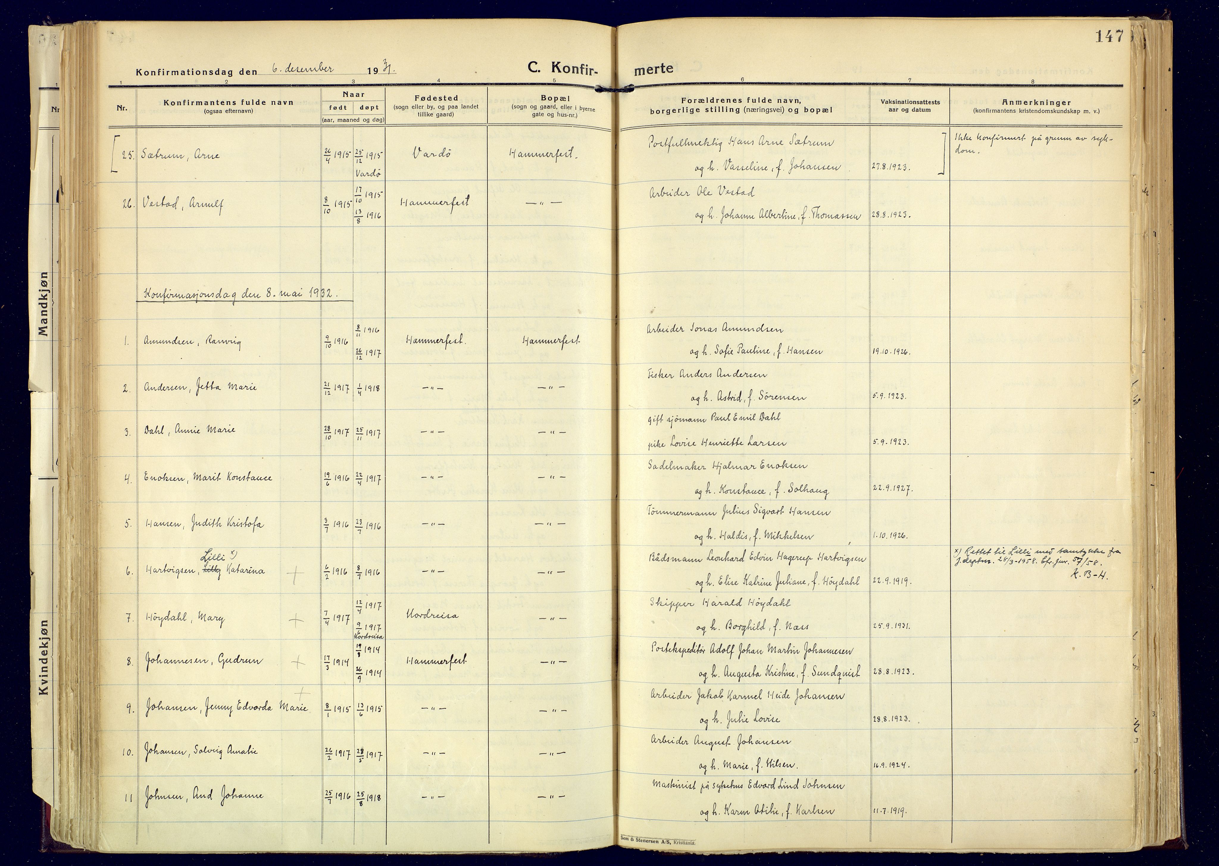 Hammerfest sokneprestkontor, AV/SATØ-S-1347/H/Ha/L0017.kirke: Parish register (official) no. 17, 1923-1933, p. 147