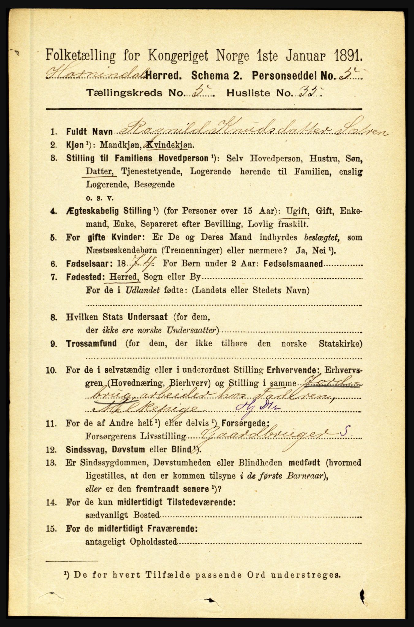 RA, 1891 census for 1444 Hornindal, 1891, p. 1344