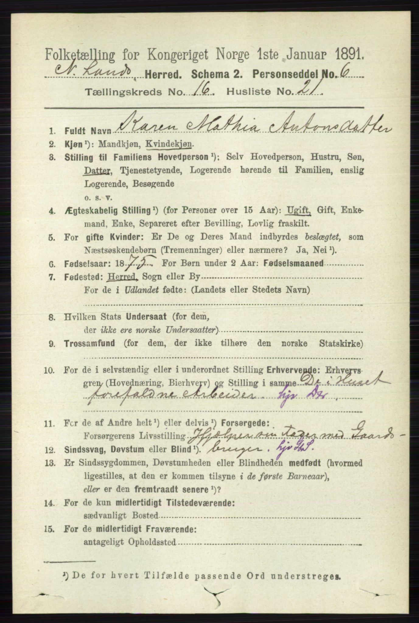 RA, 1891 census for 0538 Nordre Land, 1891, p. 4258