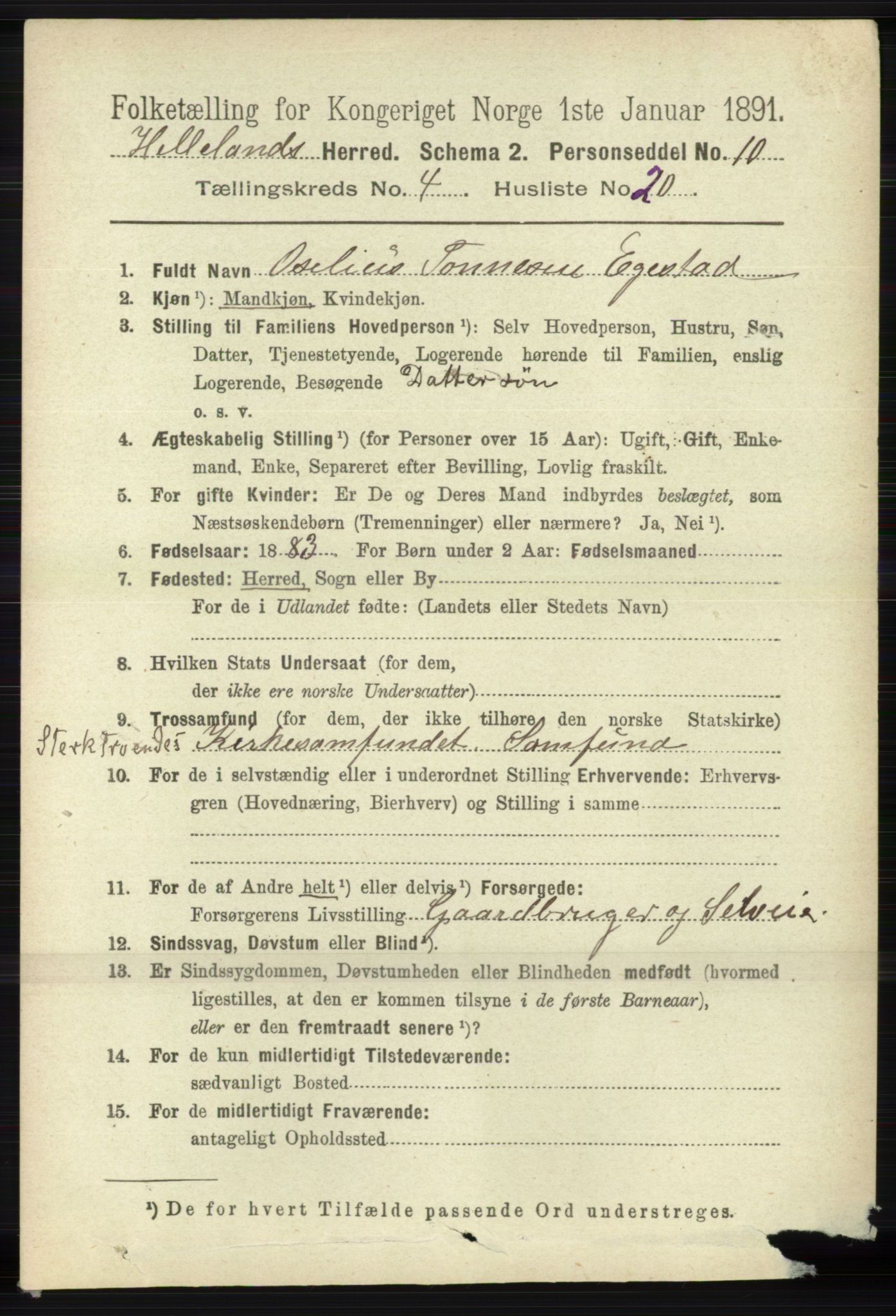 RA, 1891 census for 1115 Helleland, 1891, p. 1290