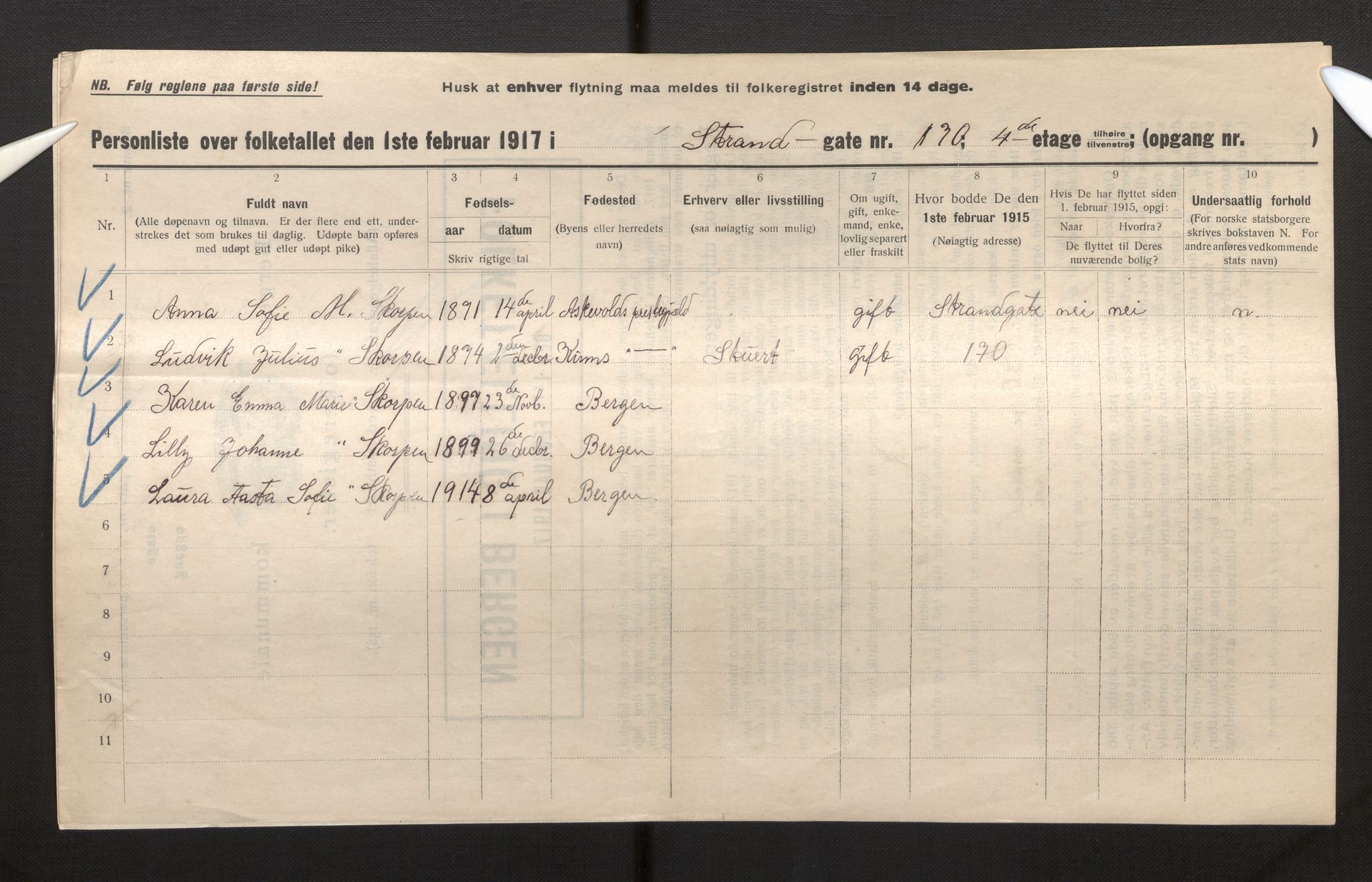 SAB, Municipal Census 1917 for Bergen, 1917, p. 38394