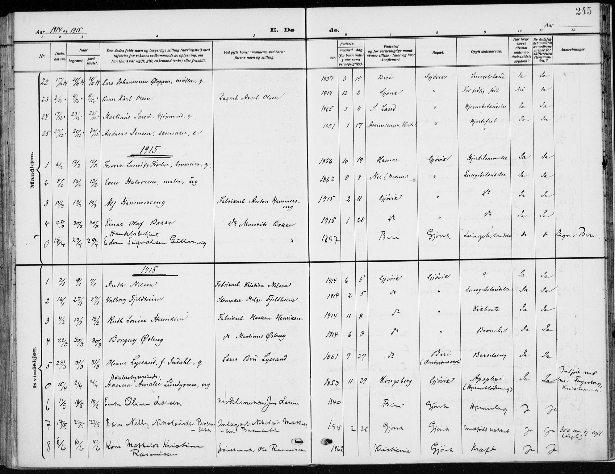 Vardal prestekontor, AV/SAH-PREST-100/H/Ha/Haa/L0014: Parish register (official) no. 14, 1912-1922, p. 245