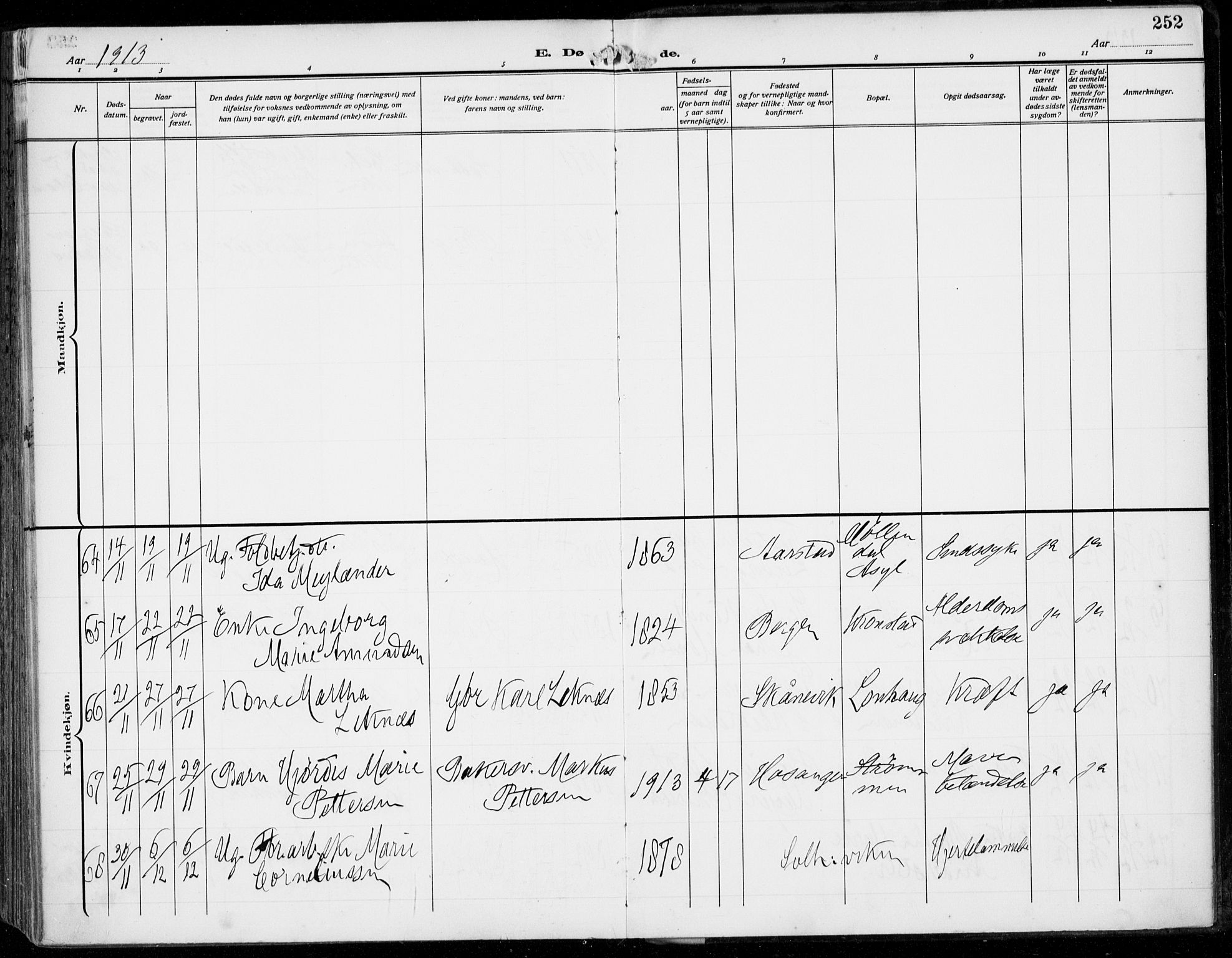 Årstad Sokneprestembete, AV/SAB-A-79301/H/Haa/L0009: Parish register (official) no. C 1, 1902-1918, p. 252