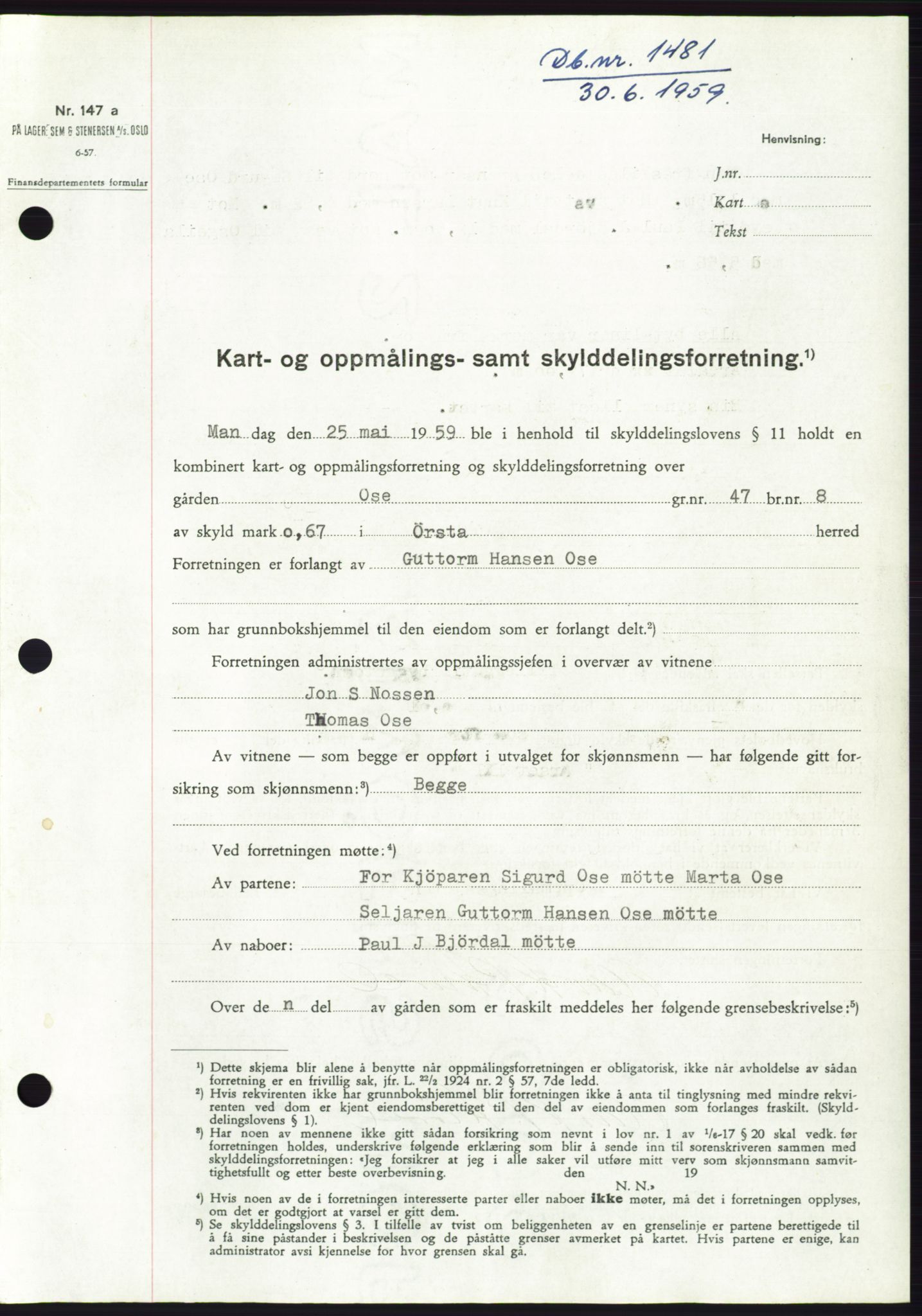 Søre Sunnmøre sorenskriveri, SAT/A-4122/1/2/2C/L0112: Mortgage book no. 38A, 1959-1959, Diary no: : 1481/1959
