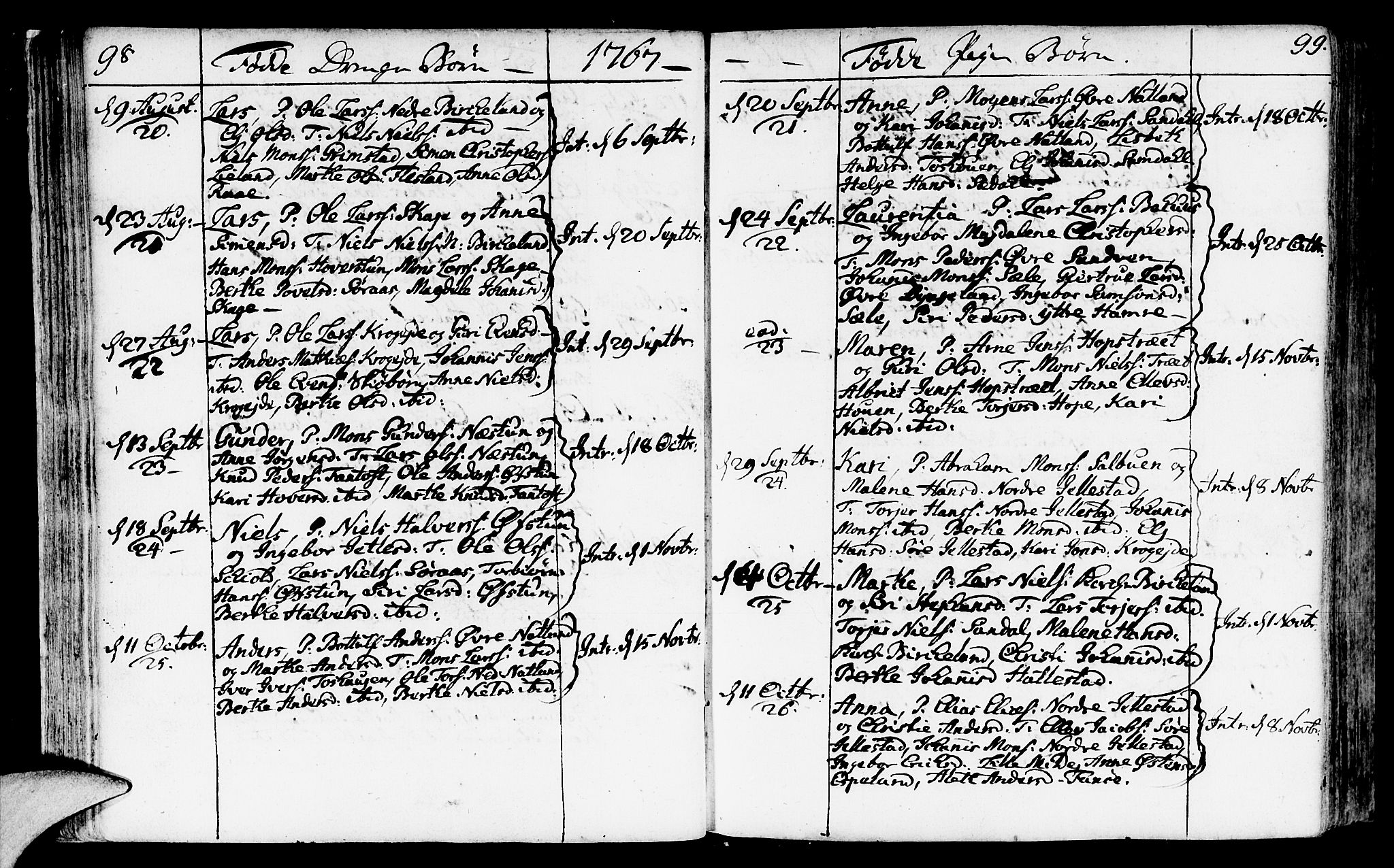Fana Sokneprestembete, SAB/A-75101/H/Haa/Haaa/L0004: Parish register (official) no. A 4, 1757-1774, p. 98-99