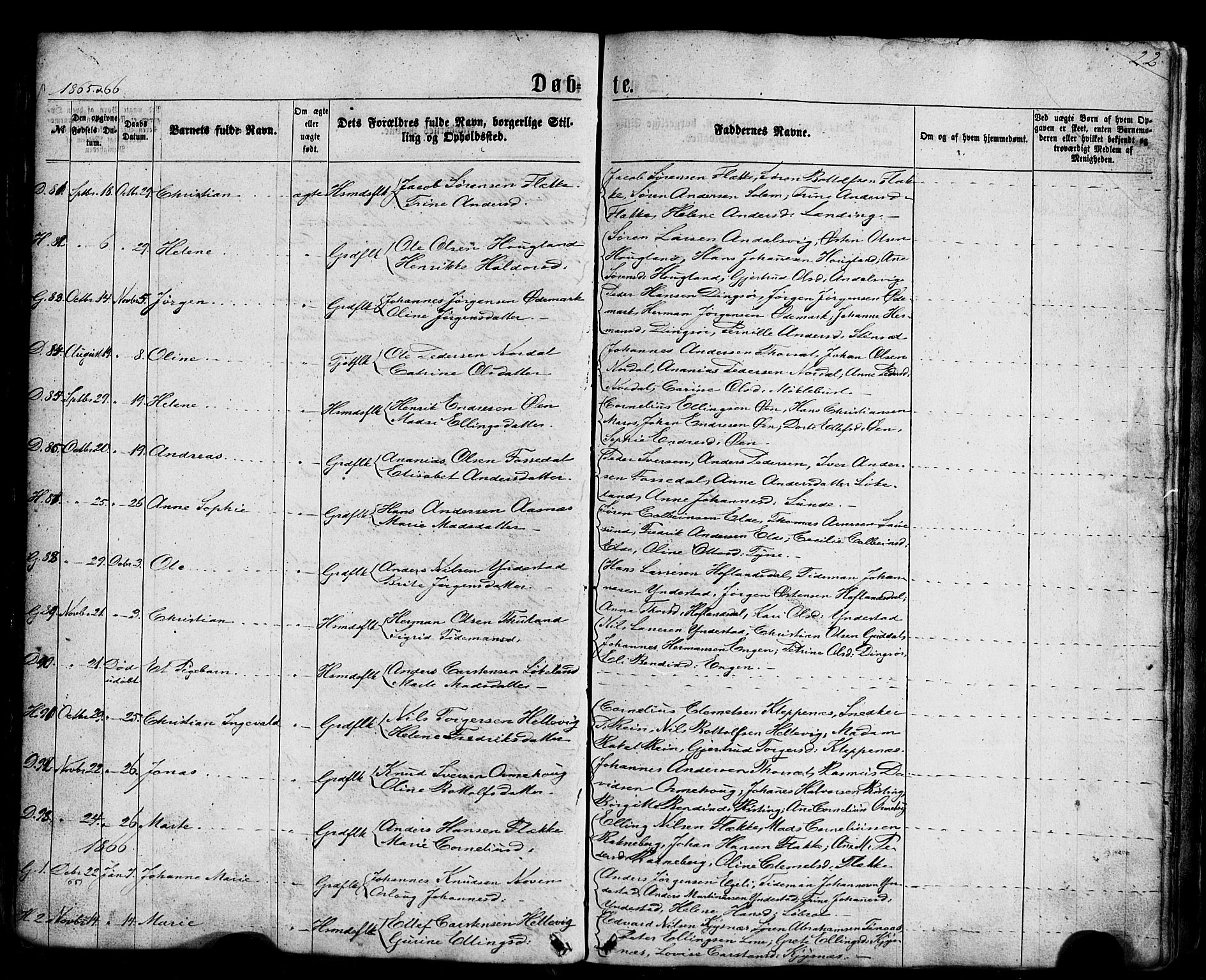 Fjaler sokneprestembete, AV/SAB-A-79801/H/Haa/Haaa/L0007: Parish register (official) no. A 7, 1862-1881, p. 22