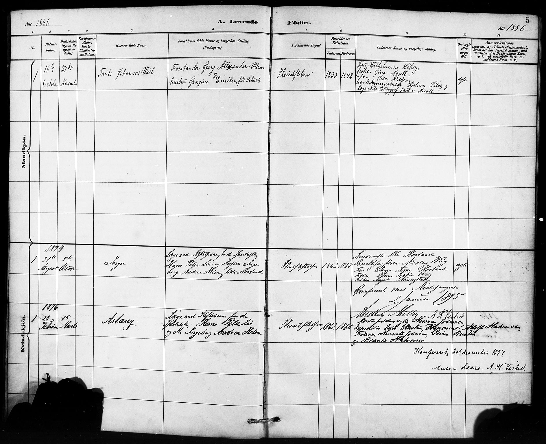 St. Jørgens hospital og Årstad sokneprestembete, AV/SAB-A-99934: Parish register (official) no. A 13, 1886-1906, p. 5