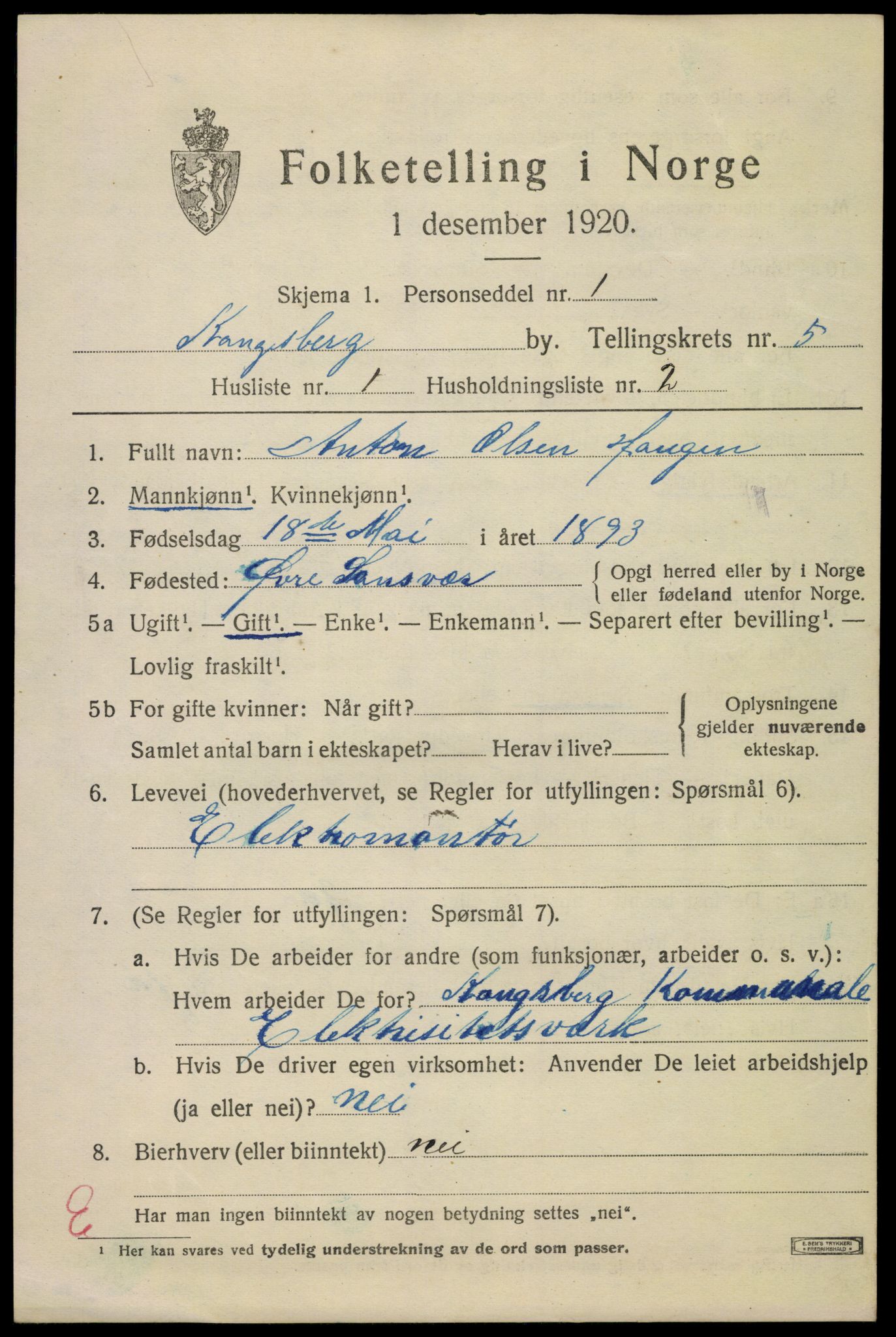 SAKO, 1920 census for Kongsberg, 1920, p. 12450