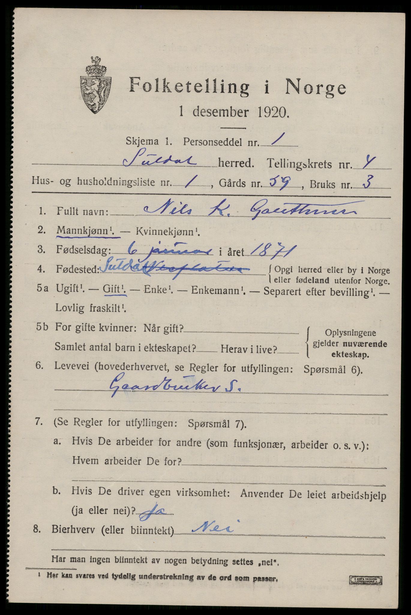 SAST, 1920 census for Suldal, 1920, p. 1018