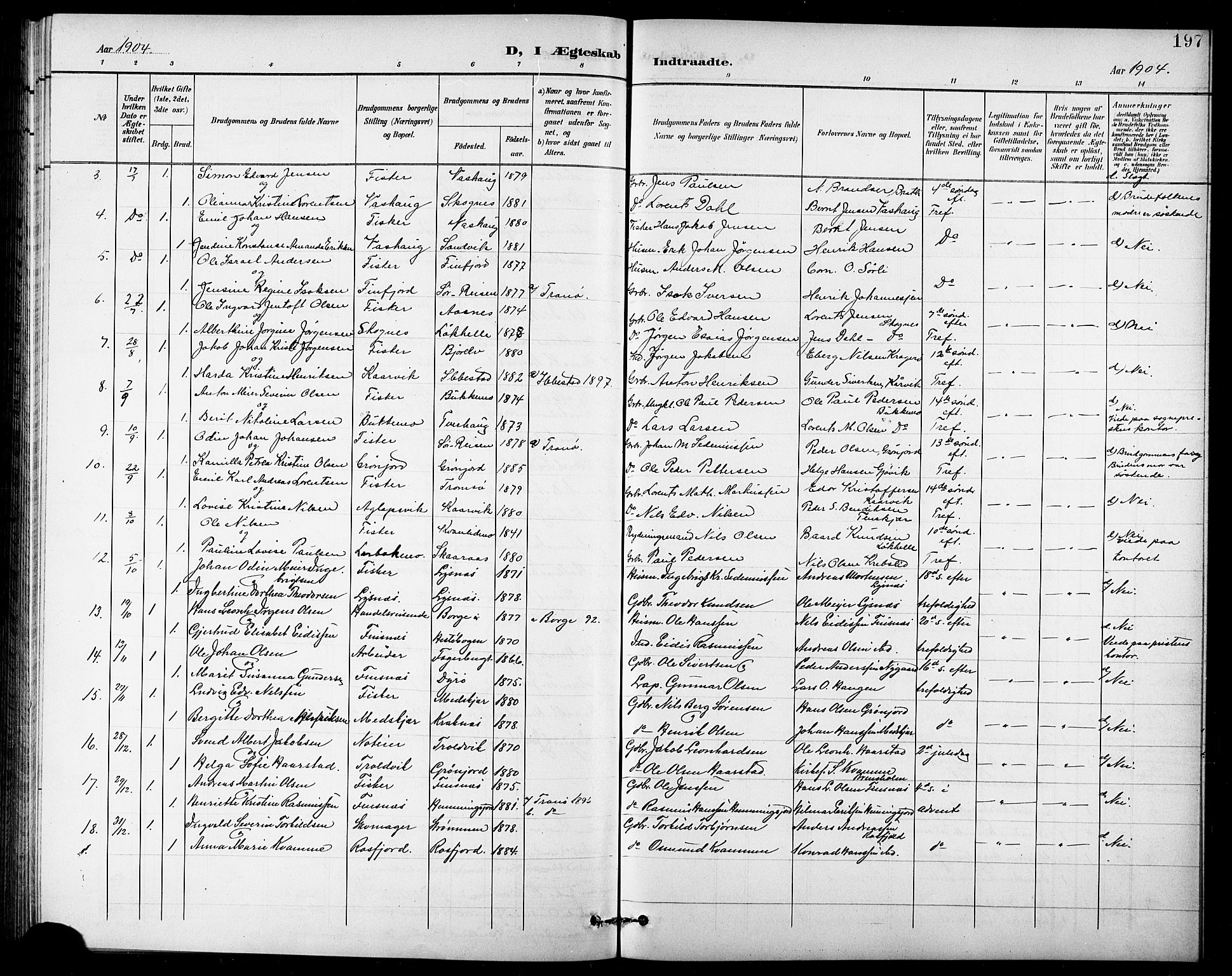 Lenvik sokneprestembete, AV/SATØ-S-1310/H/Ha/Hab/L0008klokker: Parish register (copy) no. 8, 1899-1911, p. 197