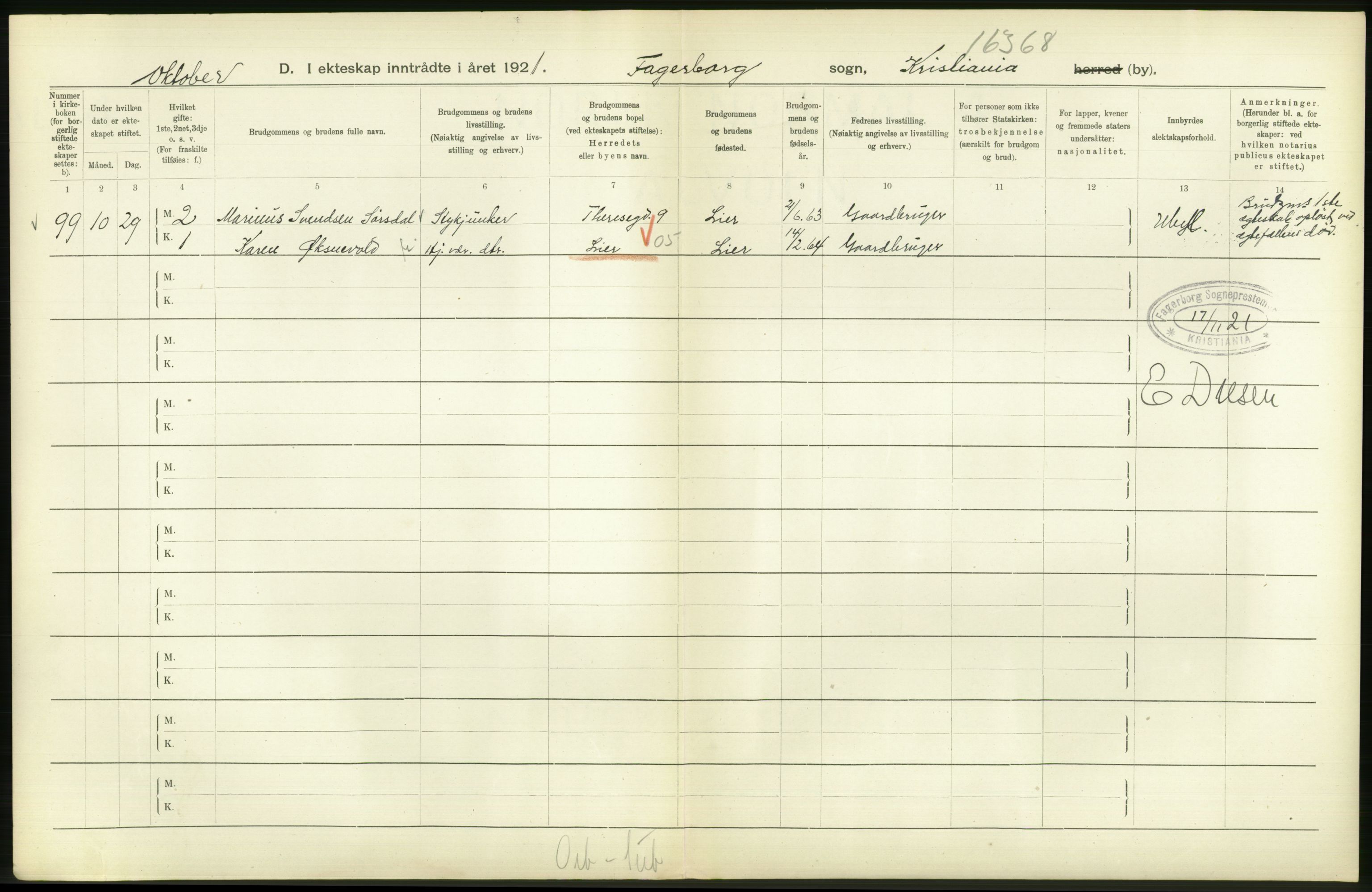 Statistisk sentralbyrå, Sosiodemografiske emner, Befolkning, AV/RA-S-2228/D/Df/Dfc/Dfca/L0011: Kristiania: Gifte, 1921, p. 286