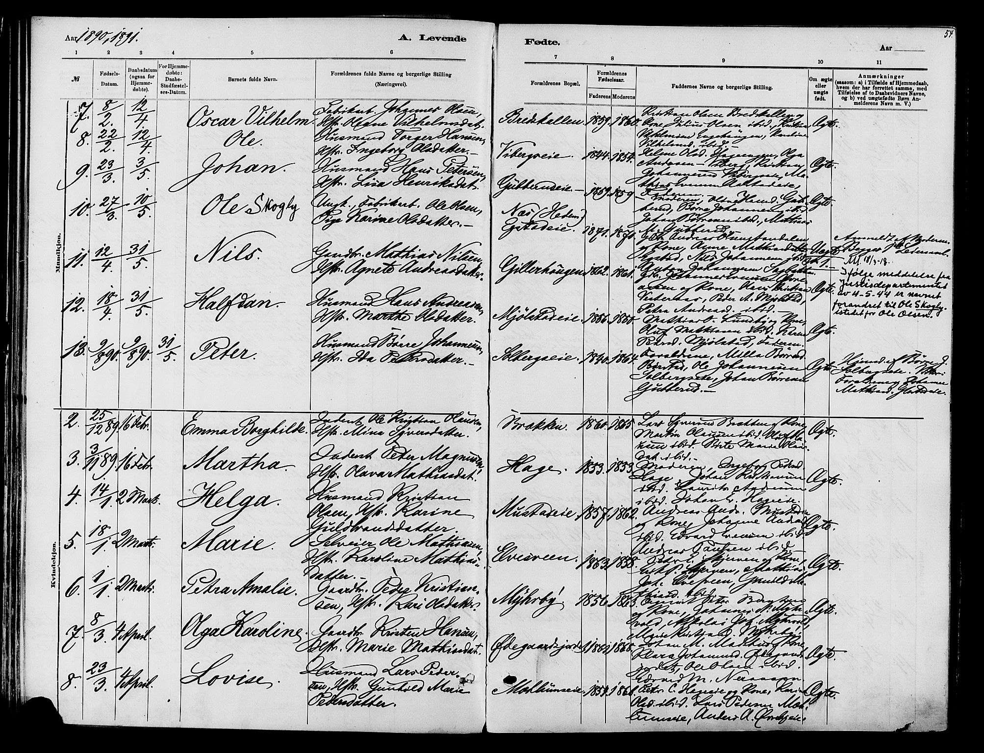 Vardal prestekontor, SAH/PREST-100/H/Ha/Haa/L0010: Parish register (official) no. 10, 1878-1893, p. 54