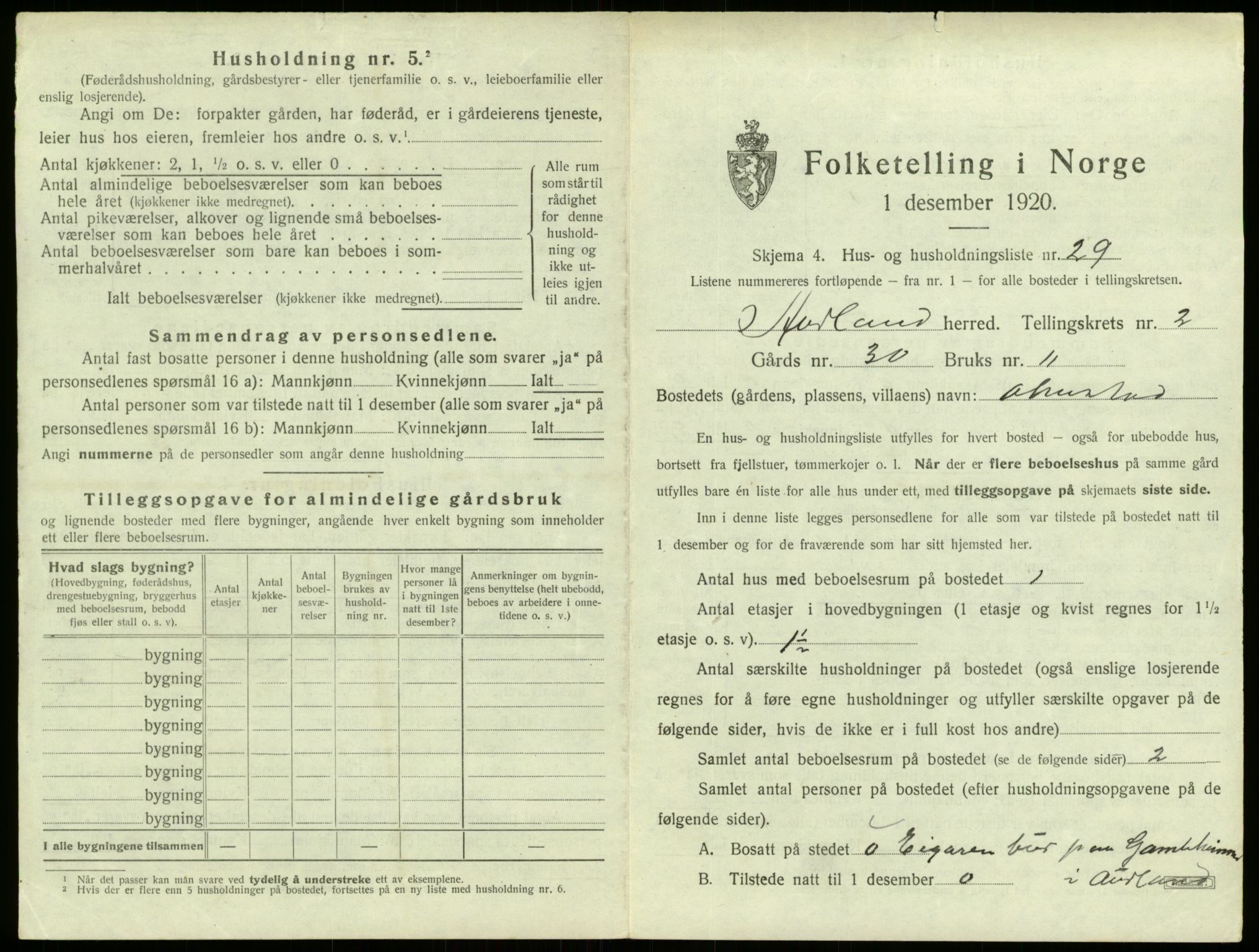 SAB, 1920 census for Aurland, 1920, p. 252