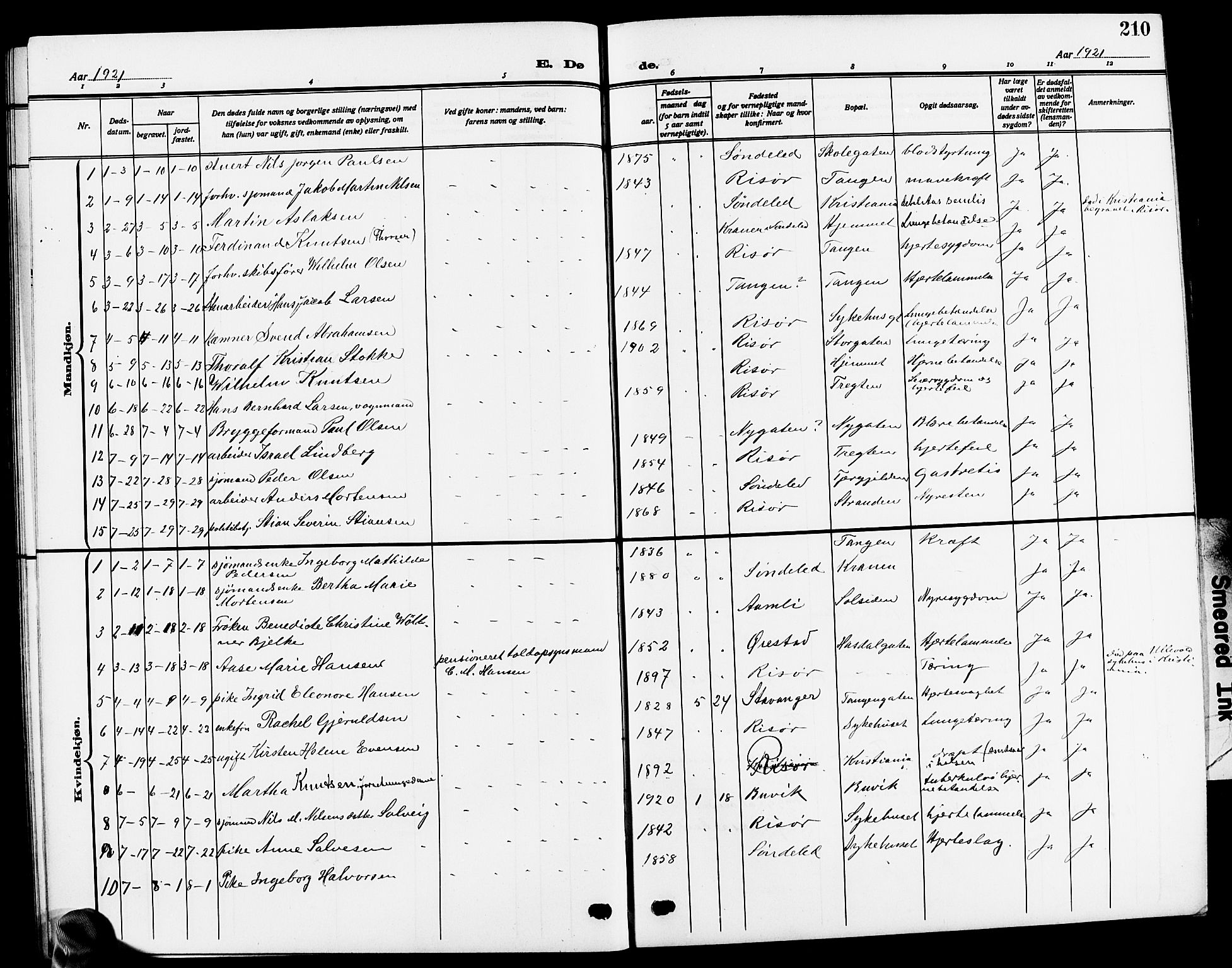 Risør sokneprestkontor, SAK/1111-0035/F/Fb/L0008: Parish register (copy) no. B 8, 1909-1921, p. 210