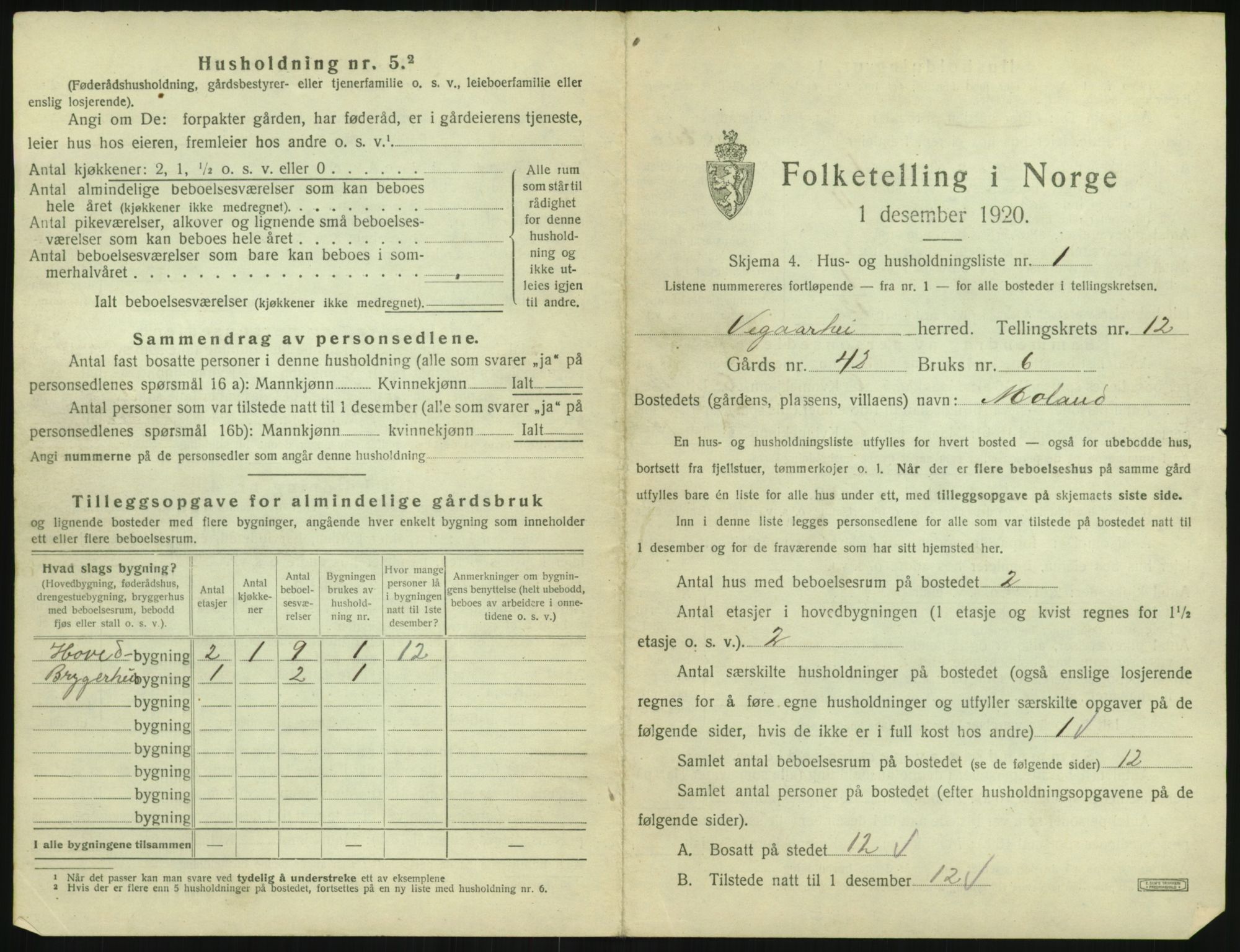 SAK, 1920 census for Vegårshei, 1920, p. 594