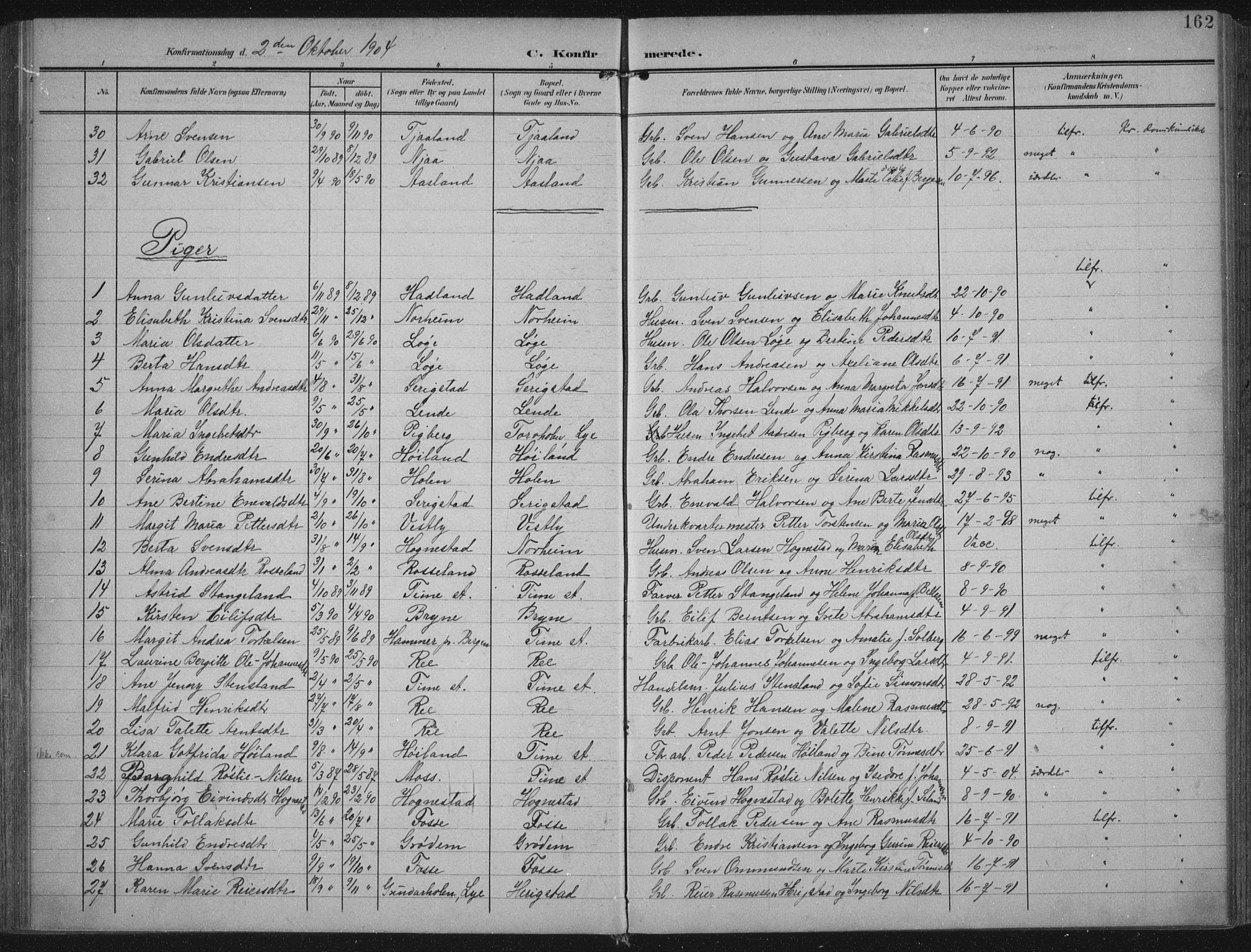 Lye sokneprestkontor, AV/SAST-A-101794/002/A/L0001: Parish register (official) no. A 12, 1904-1920, p. 162