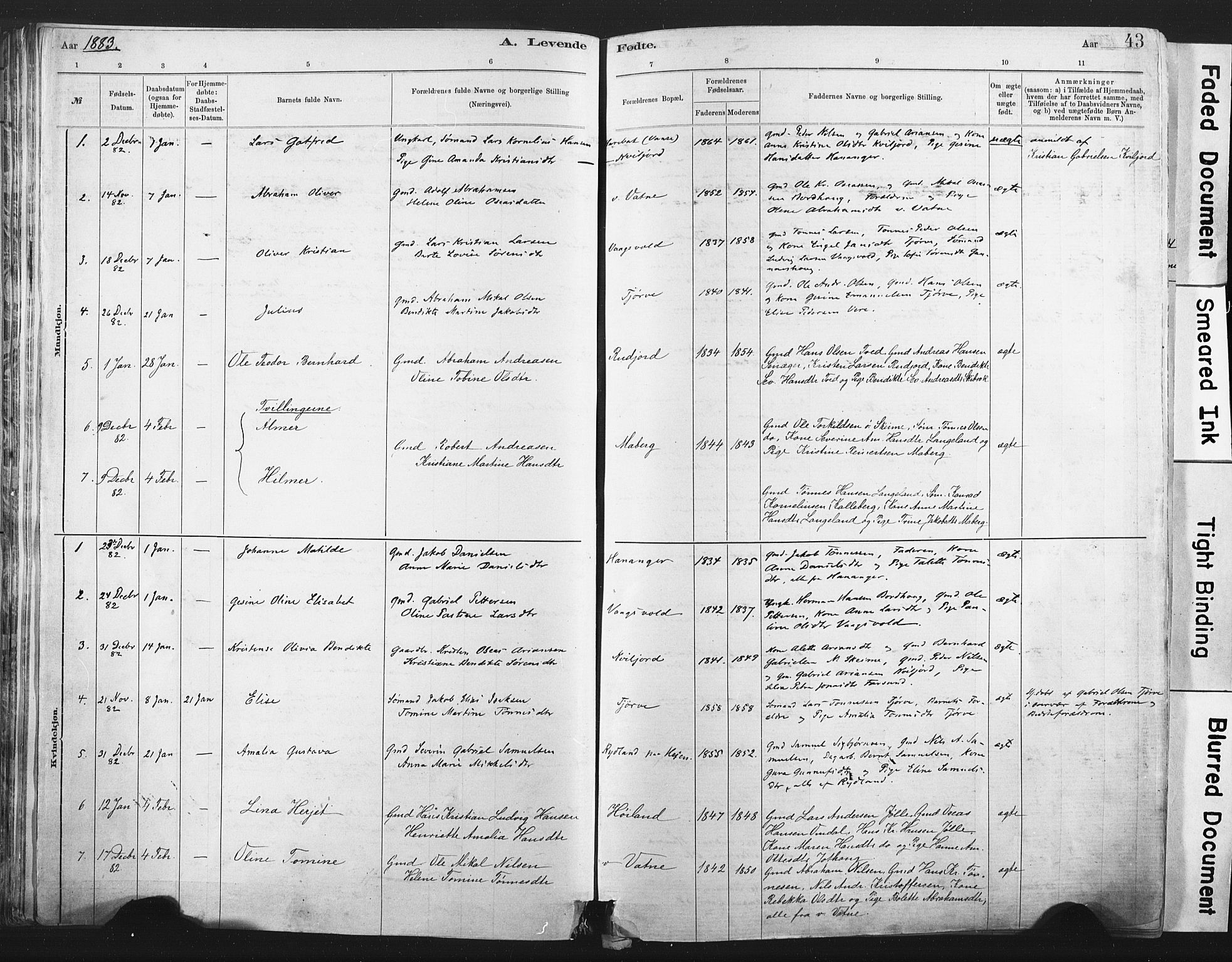 Lista sokneprestkontor, SAK/1111-0027/F/Fa/L0012: Parish register (official) no. A 12, 1879-1903, p. 43