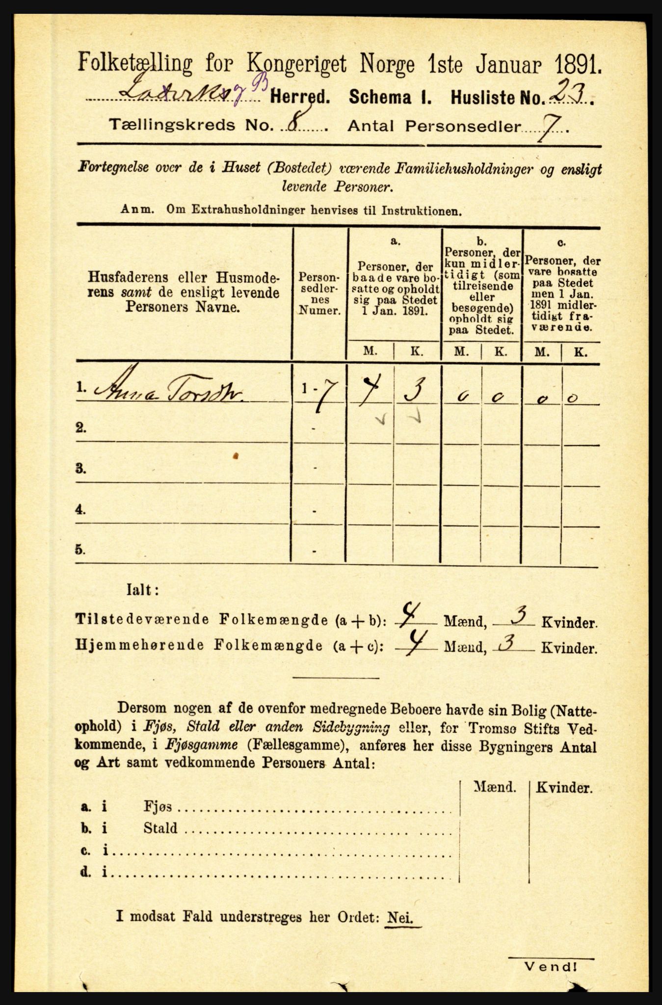 RA, 1891 census for 1415 Lavik og Brekke, 1891, p. 1485