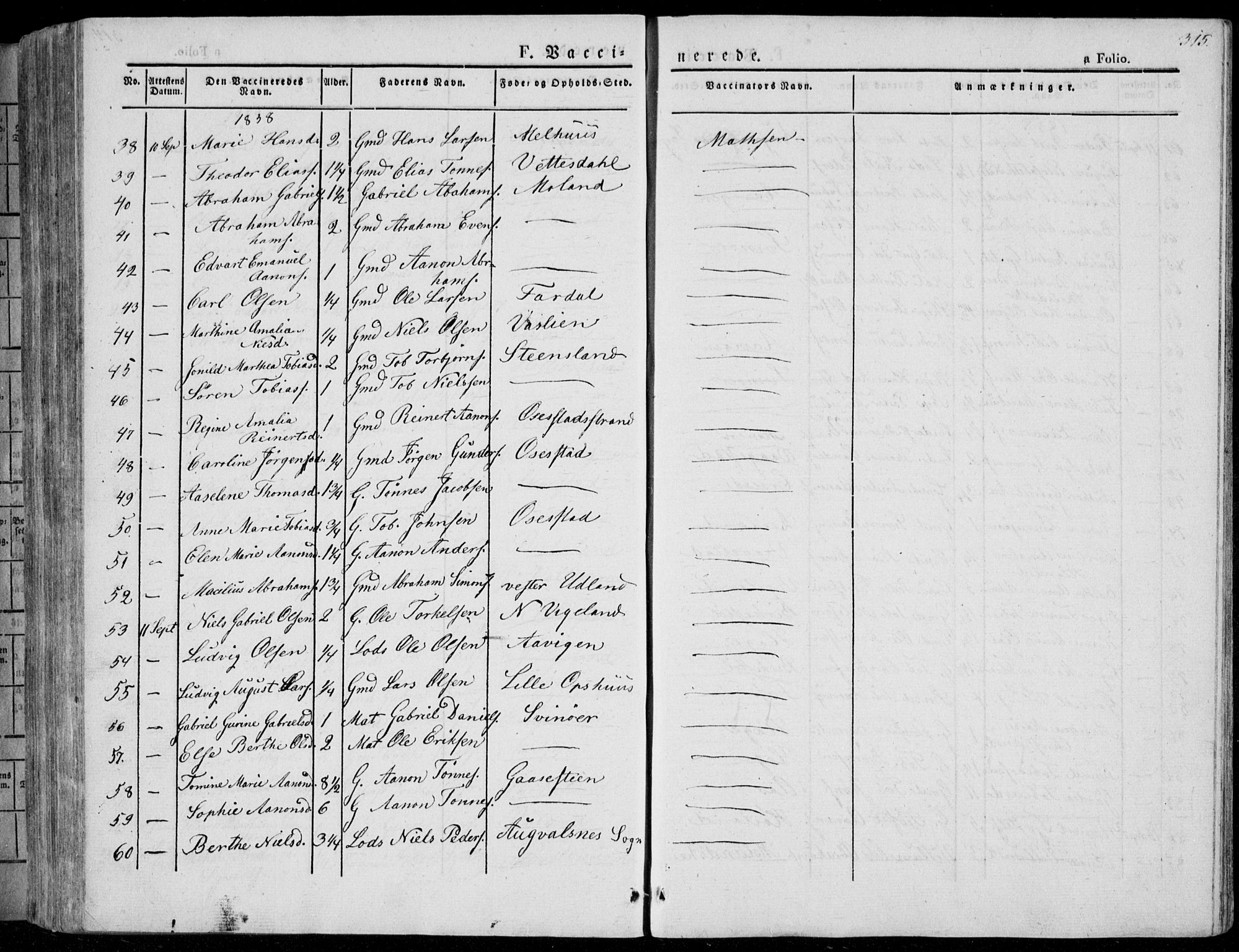 Sør-Audnedal sokneprestkontor, SAK/1111-0039/F/Fa/Fab/L0006: Parish register (official) no. A 6, 1829-1855, p. 315