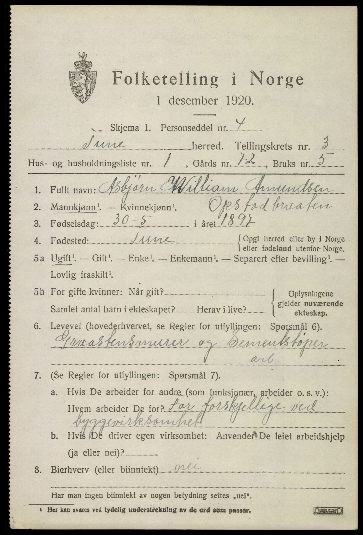 SAO, 1920 census for Tune, 1920, p. 3666