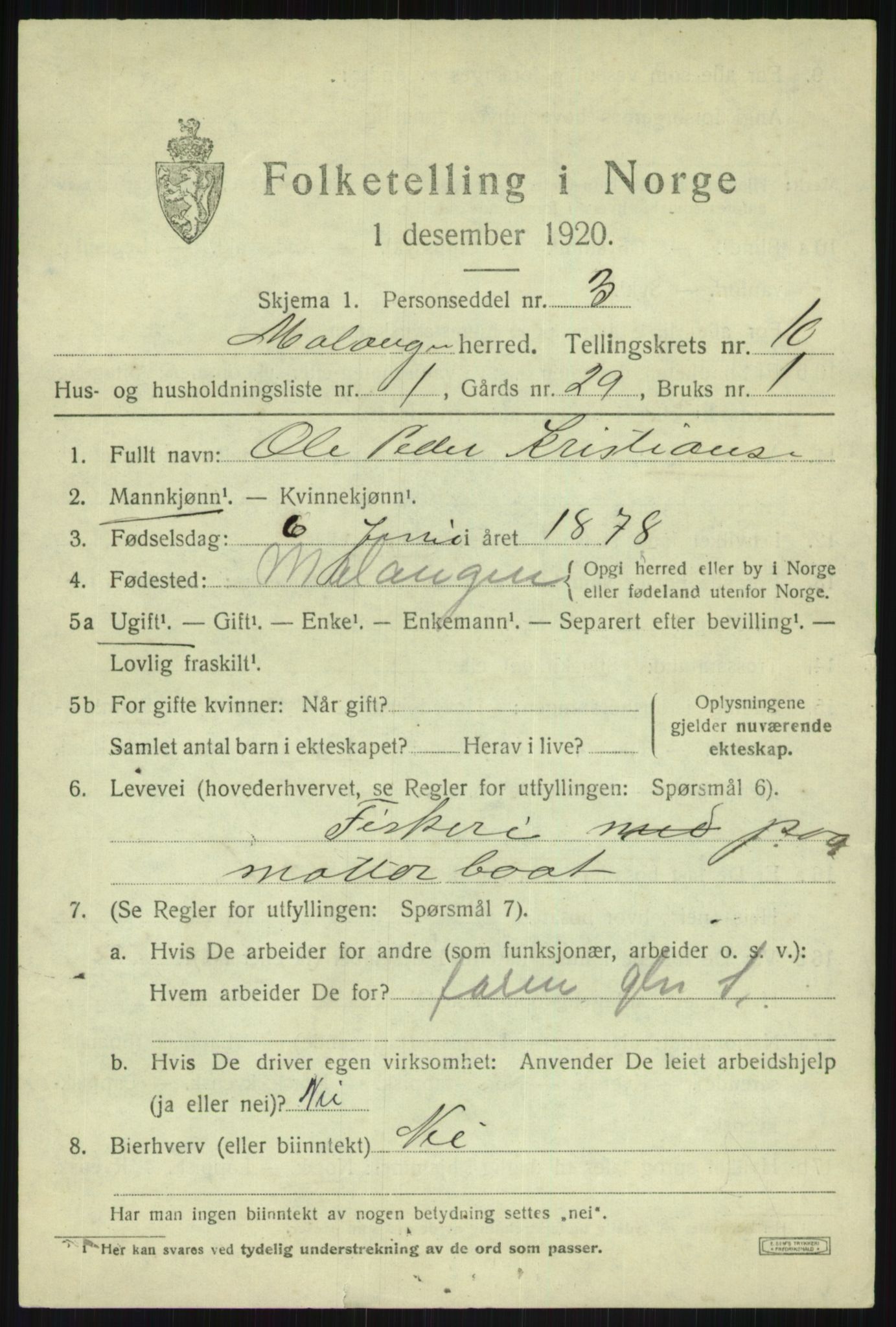 SATØ, 1920 census for Malangen, 1920, p. 3863